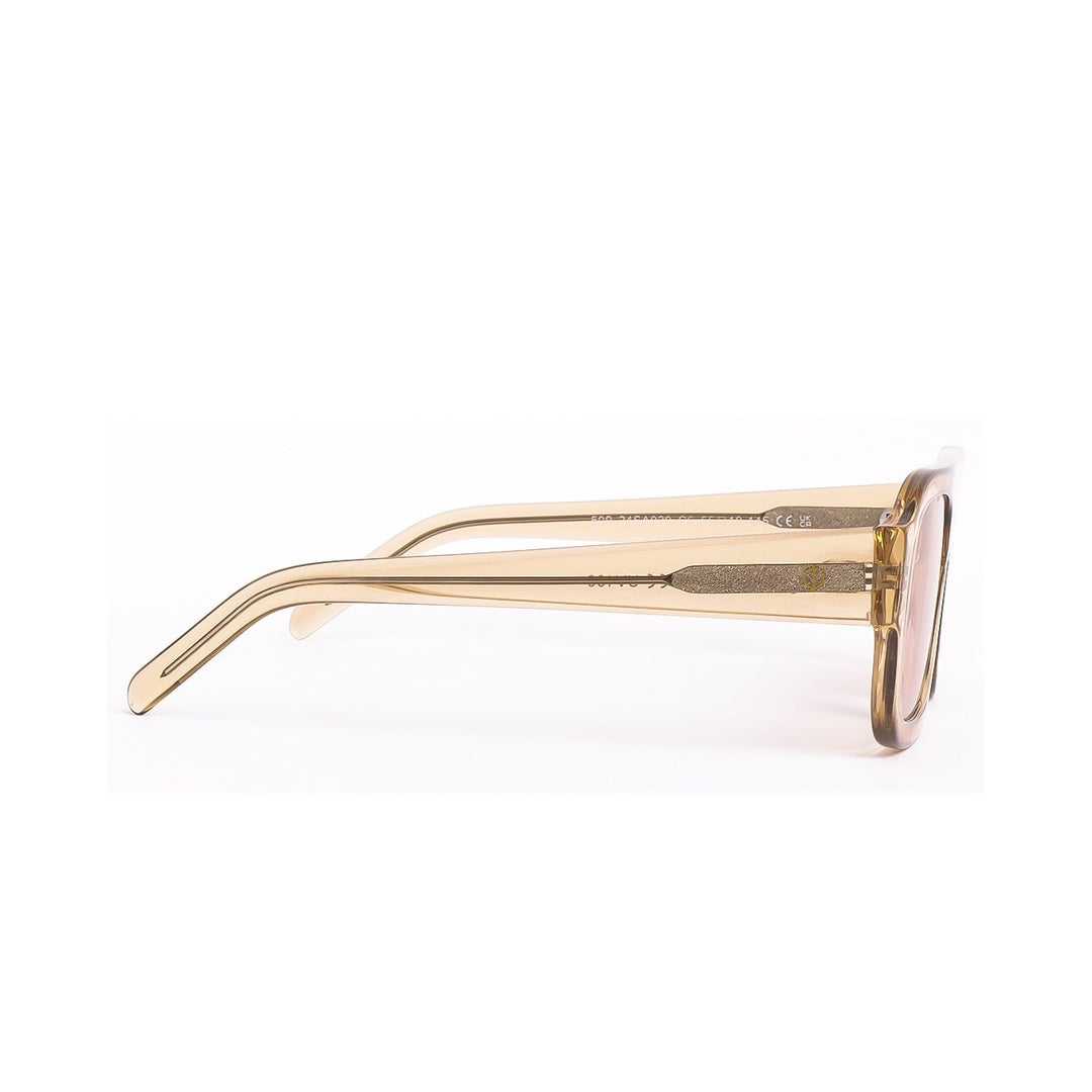 Vista lateral de las gafas Élan - Beige de Solivo, destacando su diseño elegante y moderno con montura translucida.