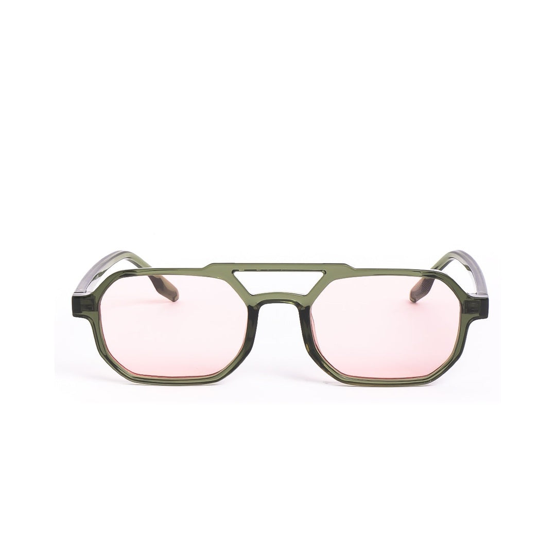 Lentes de sol LIV de Solivo en color verde con lentes rosados, fusionando estilo y protección UV.