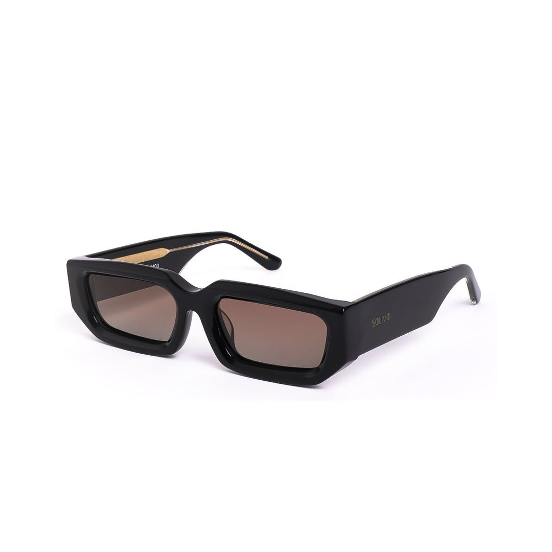 Lentes de sol LUA de Solivo en ángulo lateral, destacando su sofisticado acabado y cristales polarizados.
