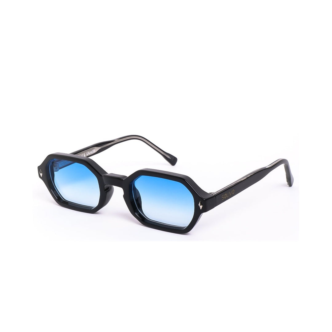 Vista lateral de los elegantes lentes de sol NYX de Solivo, con cristales azul y un estilo distintivo.