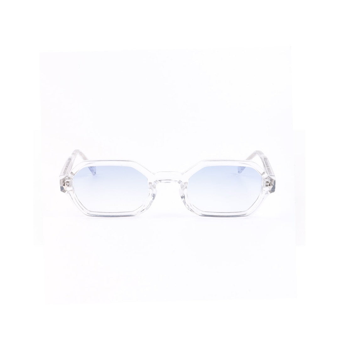 Lentes de sol NYX de Solivo con diseño moderno y elegante en color transparente y lentes azulados, perfectos para destacar en cualquier ocasión. Estilo y protección UV400 combinados.