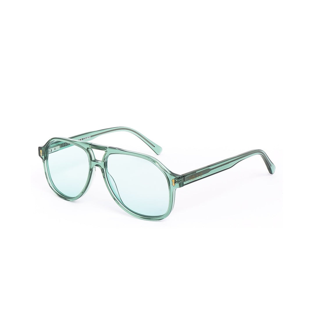 Perspectiva lateral de los lentes de sol Sol - Turquesa de Solivo, con un acabado premium que resalta su estilo único y contemporáneo.