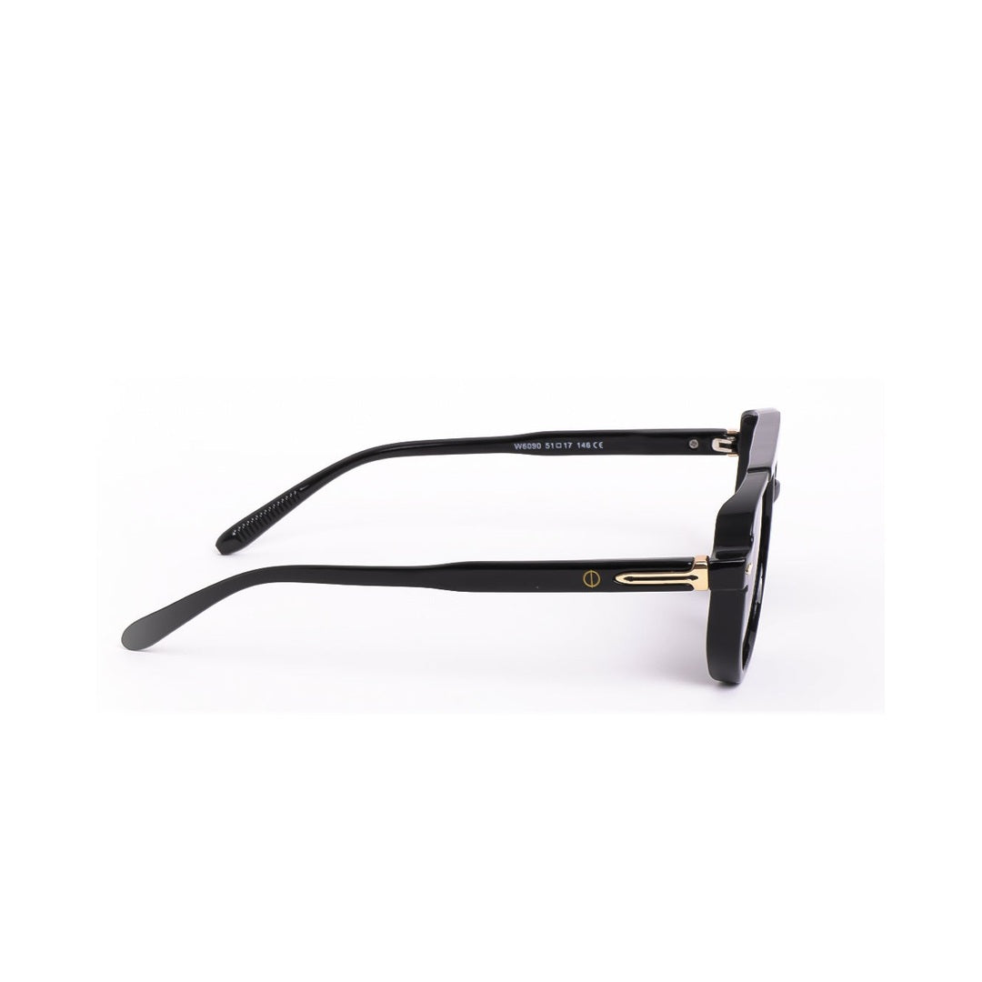 Lentes de sol SYND de Solivo, vista lateral resaltando su acabado en negro y detalles dorados, un accesorio de moda imprescindible.