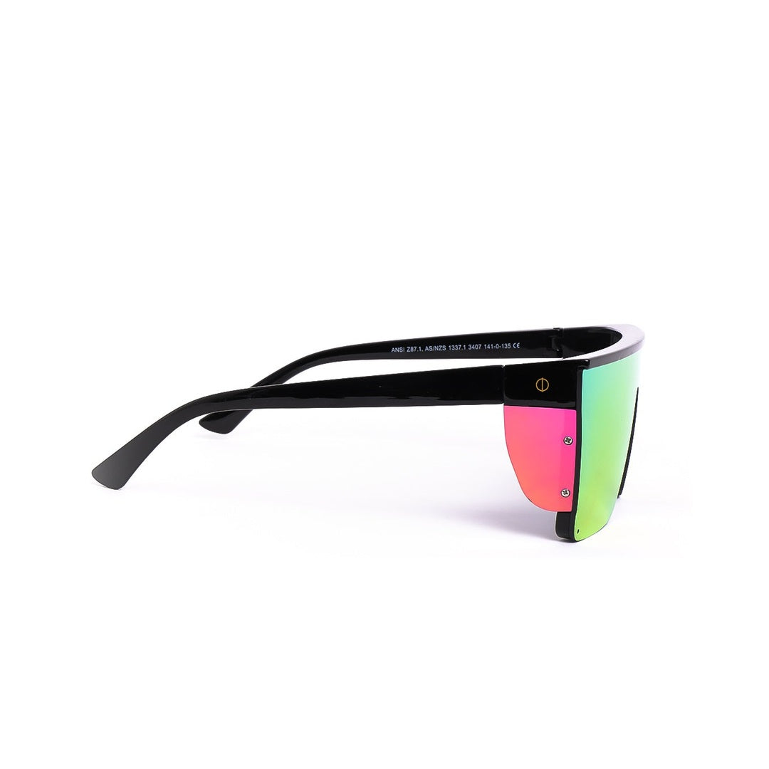 Vista lateral de los lentes de sol LVY de Solivo, mostrando un diseño distintivo tricolor con protección UV, combinando moda y funcionalidad.