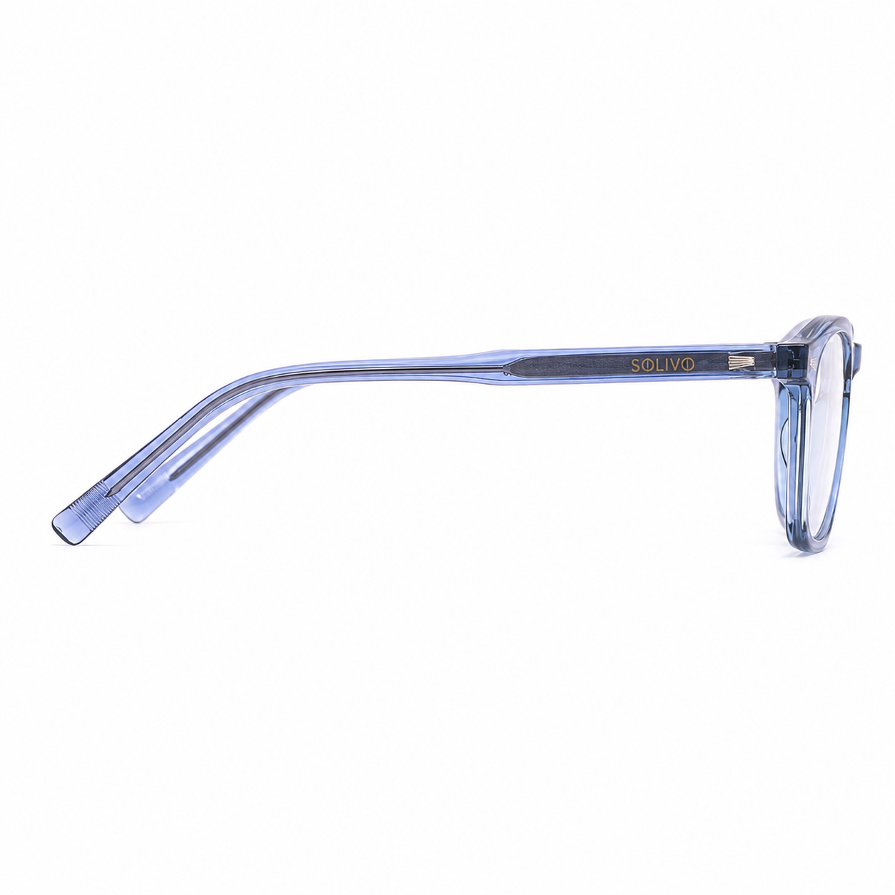 Vista lateral de los lentes VIEN Azul con filtro de luz azul de Solivo — para oficina y pantallas
