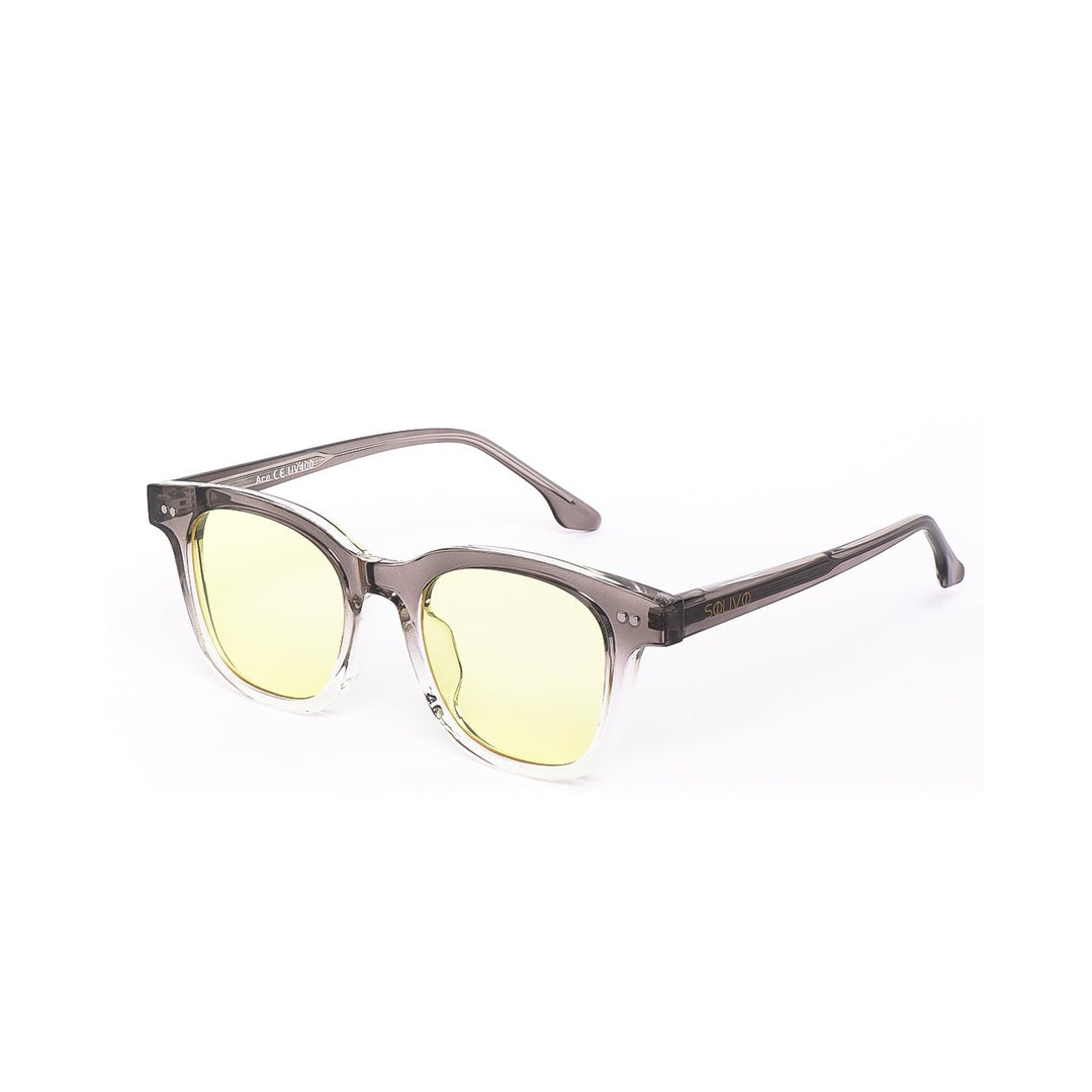 Vista lateral de los lentes de sol ACE Cristal Amarillo de Solivo — montura clara con lente amarillo y filtro UV400