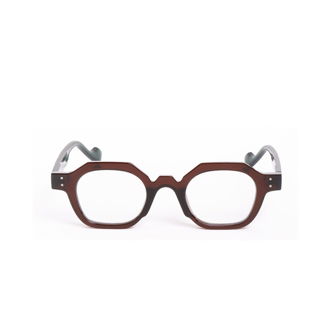 Lentes de sol ARI Blue light de Solivo, diseño elegante y moderno, con marco robusto de color marrón oscuro y detalles en verde.