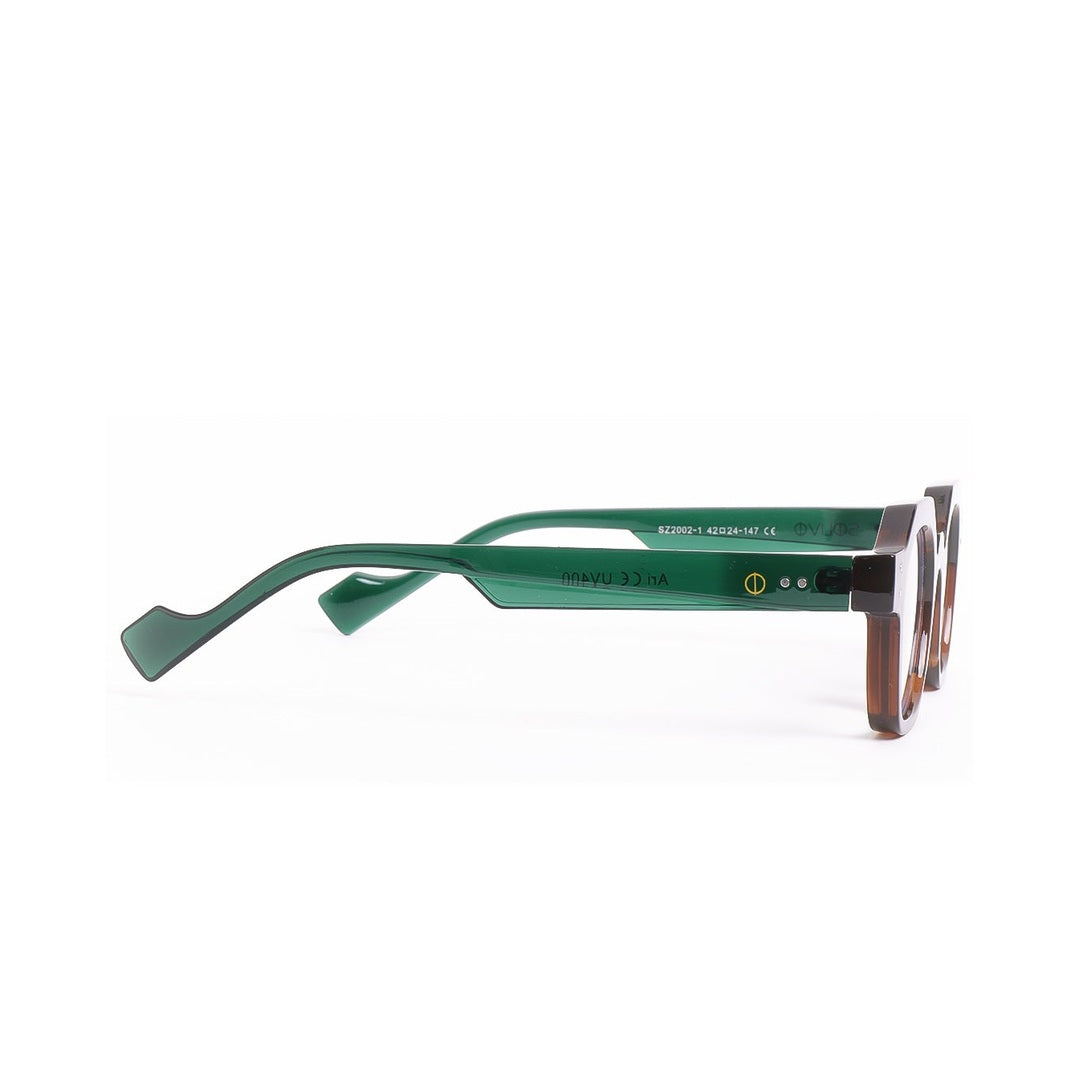 Lado de los lentes de sol ARI Blue light de Solivo, mostrando un elegante diseño en color verde y marrón, ideal para protección UV400 y estilo moderno.