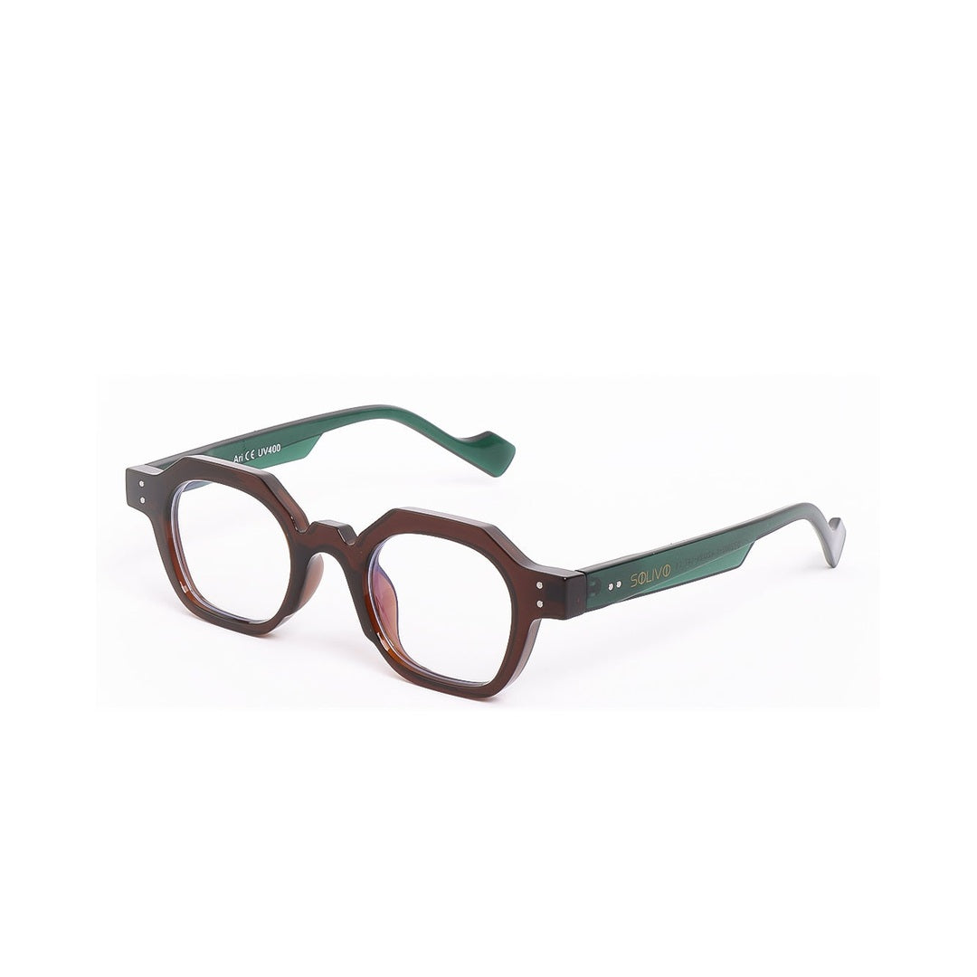 Lentes de sol ARI Blue light de Solivo, vista lateral mostrando su sofisticado diseño con marcos marrón oscuro y verde, perfectos para estilo y protección.