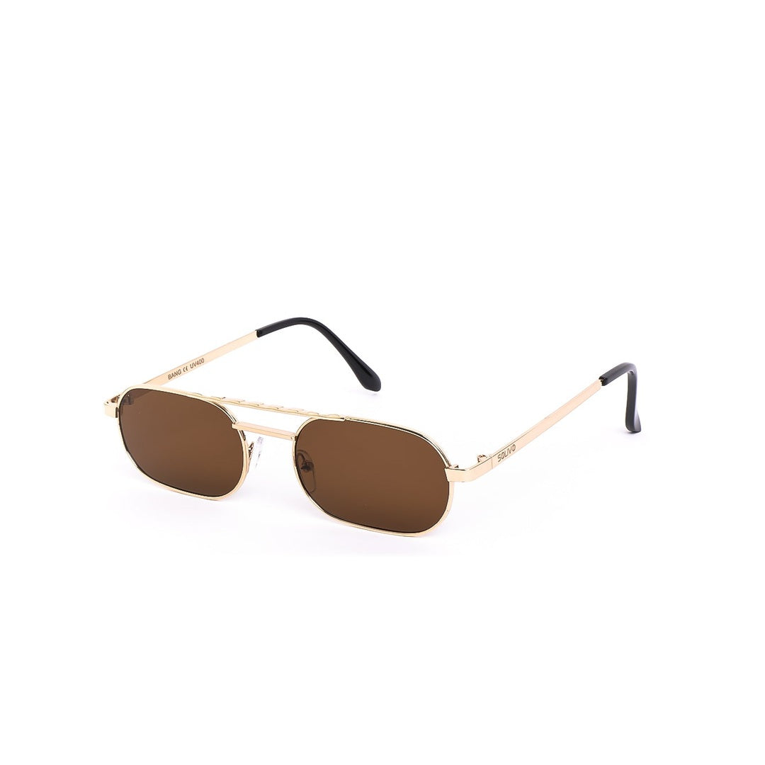 Vista lateral de las gafas de sol BANG de Solivo, mostrando su sofisticado diseño dorado y lentes marrones, ideal para cualquier ocasión.
