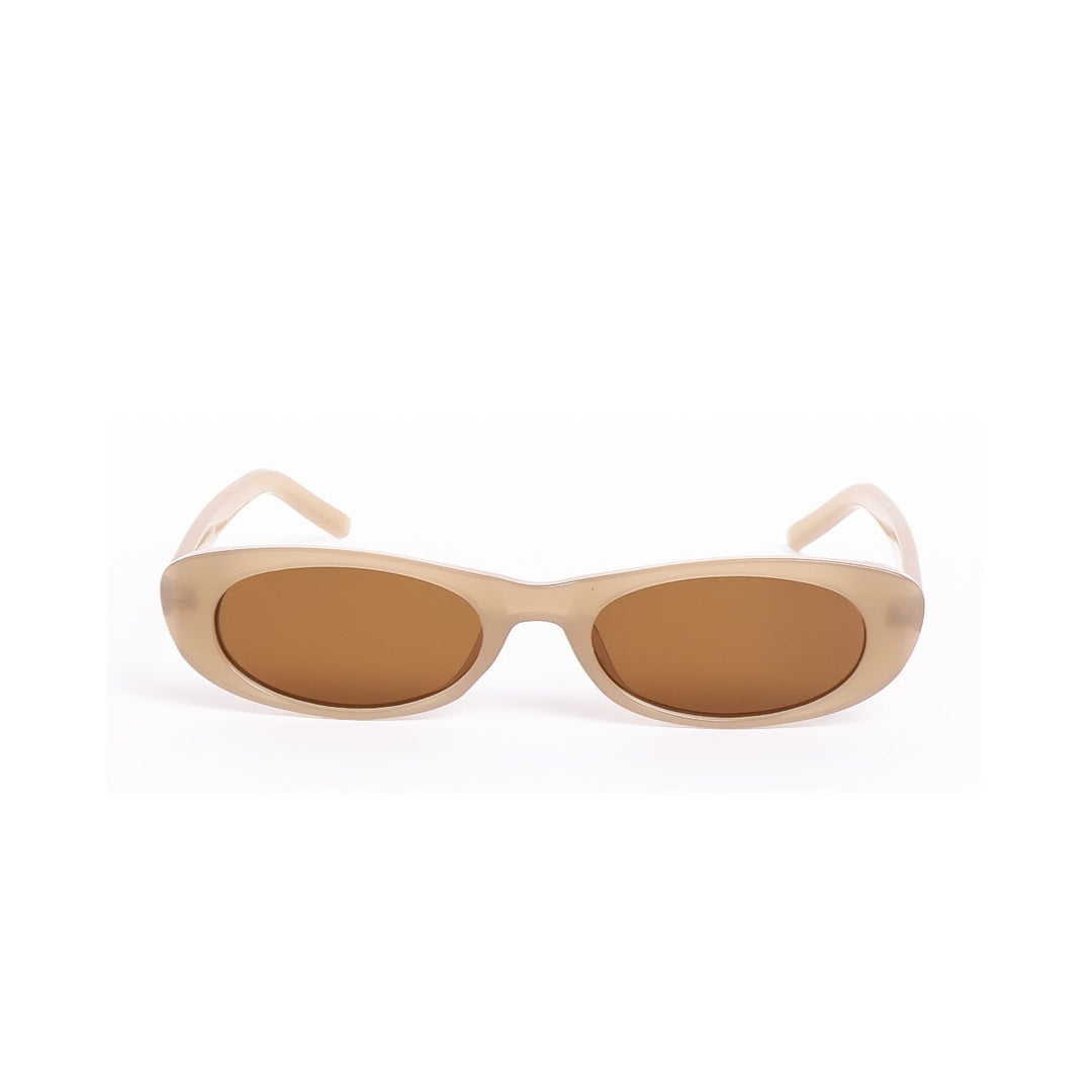 Lentes de sol BOST de Solivo en color beige, con diseño elegante y lentes marrones, ideales para protección UV y estilo.