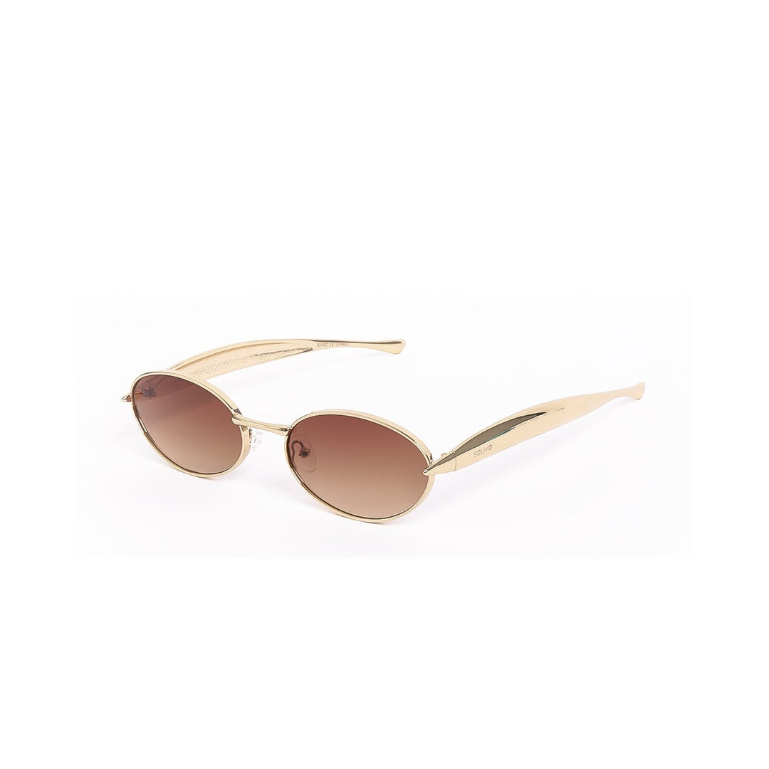 Lentes de sol BARC de Solivo con diseño ovalado y marco dorado, perfectos para un look elegante y moderno, ofreciendo protección UV400.