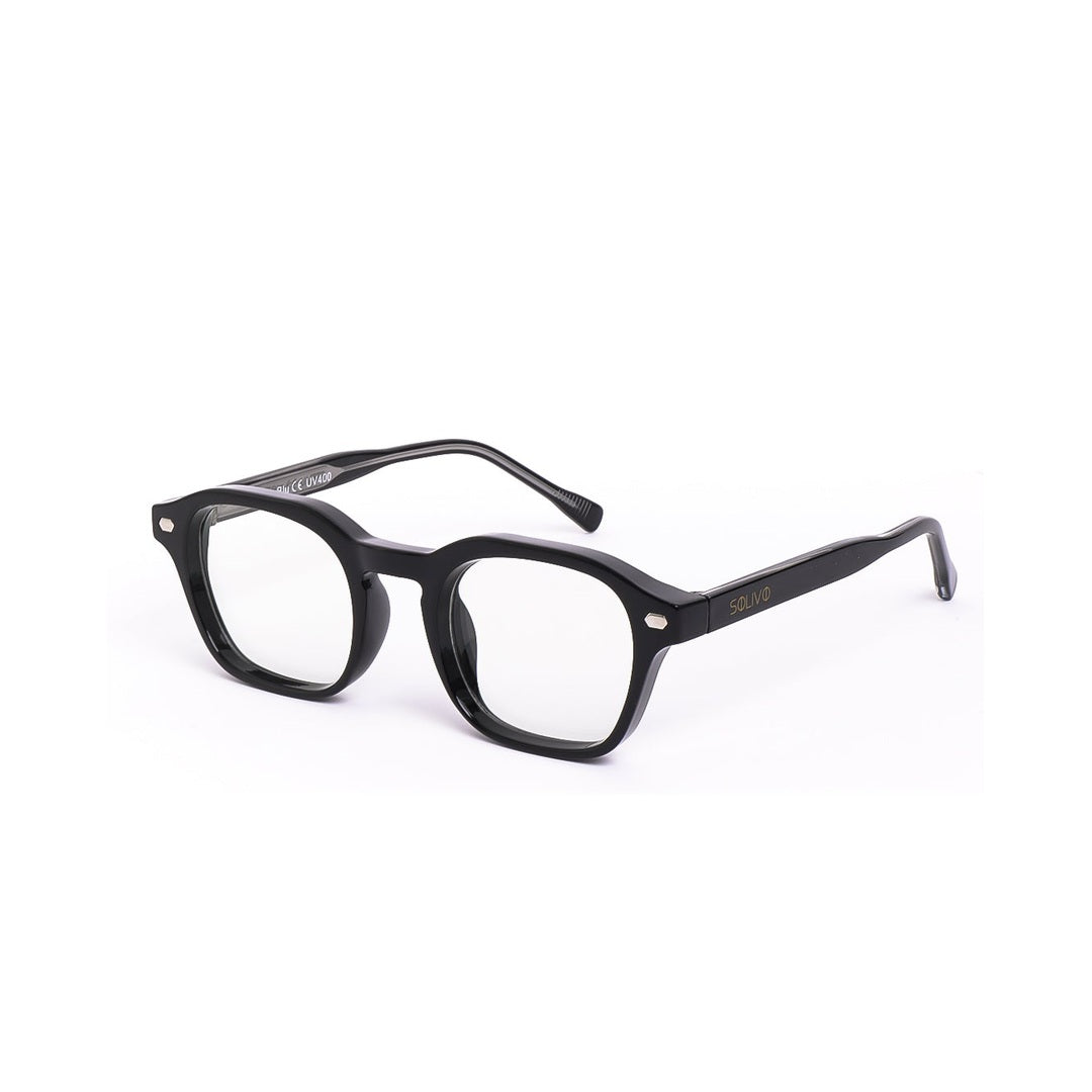 Vista lateral de los lentes BLU Negro con filtro de luz azul de Solivo — estructura moderna para pantallas