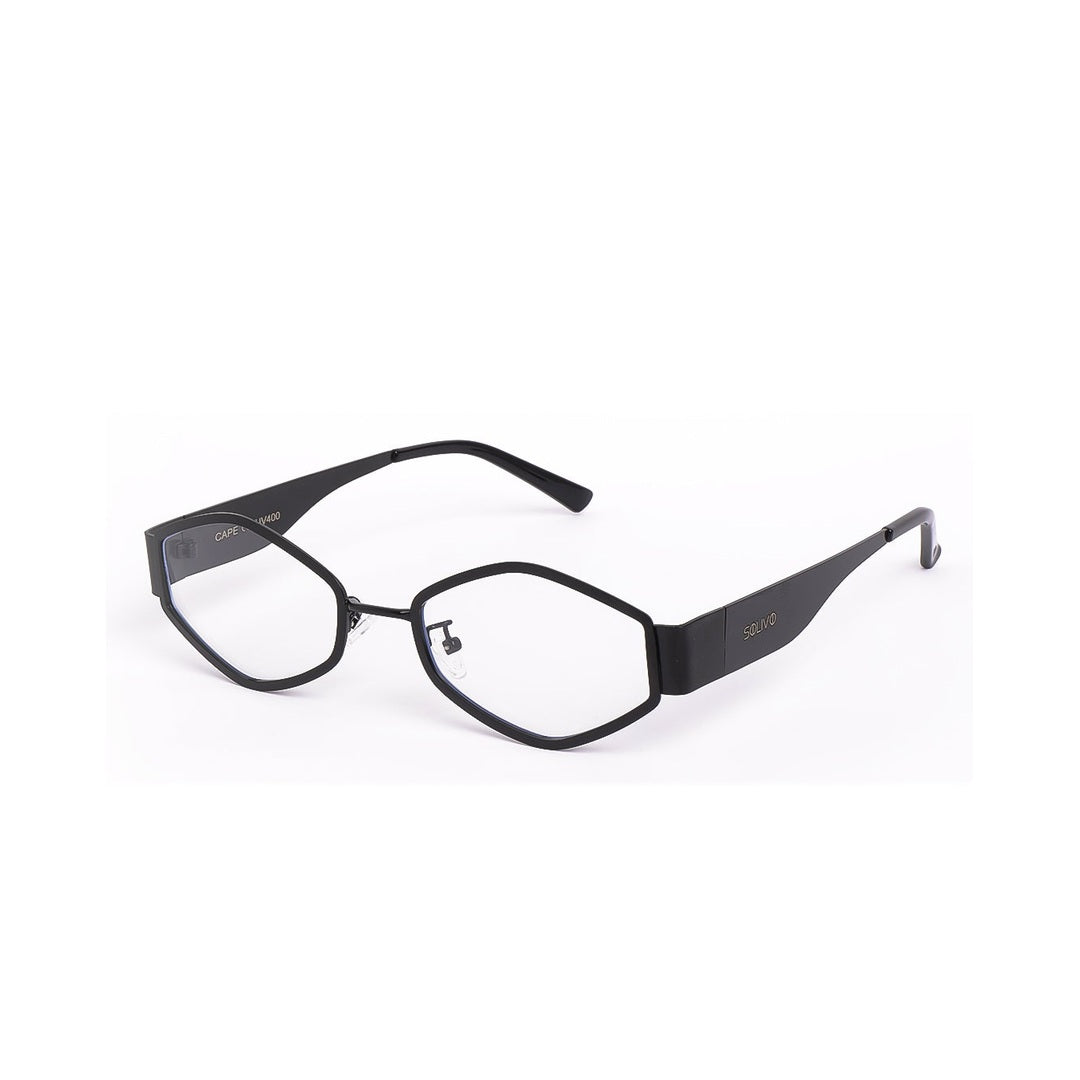 Vista lateral de los lentes CAPE Negro con filtro de luz azul de Solivo — estructura moderna para pantallas