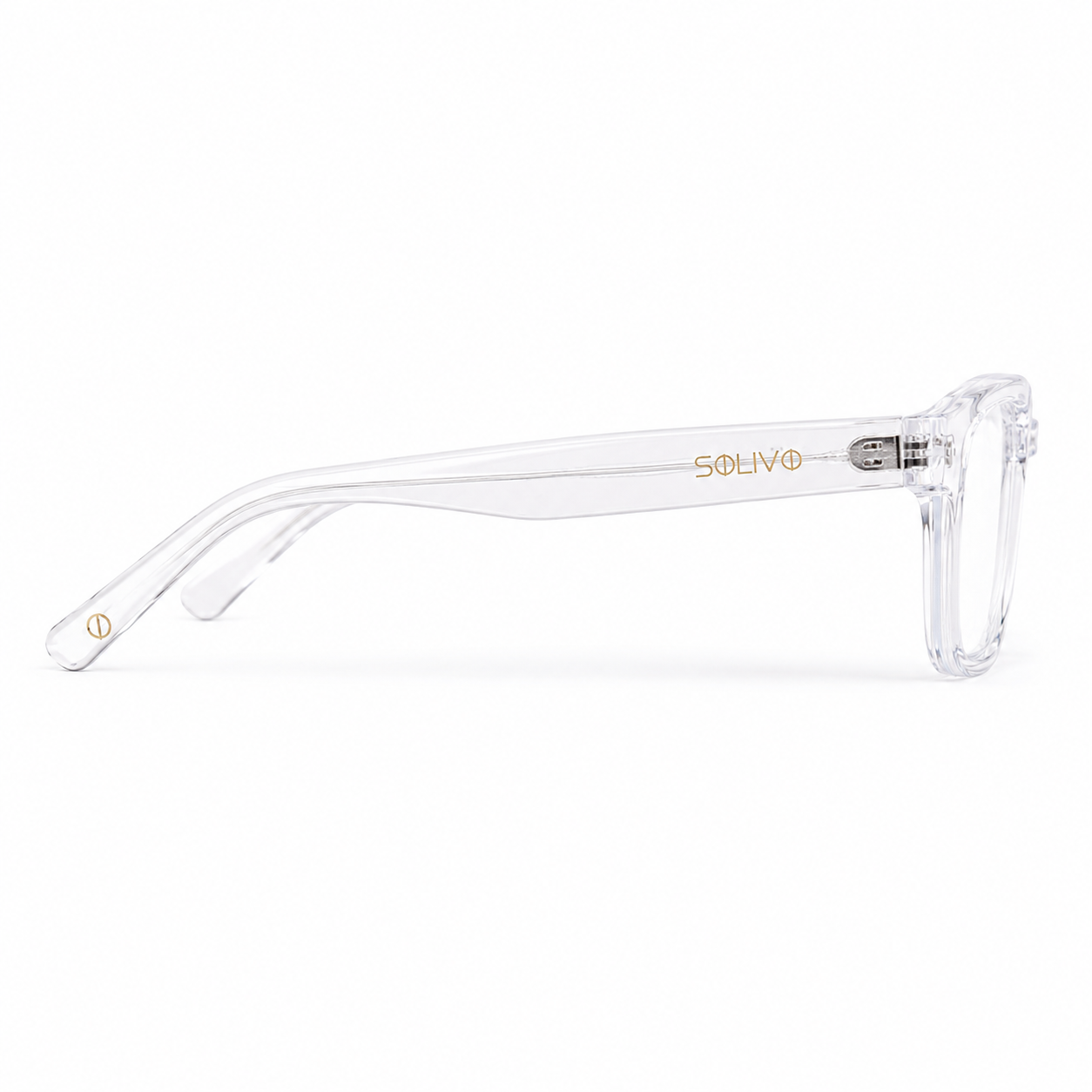 Detalle de los lentes DUBL Cristal con filtro de luz azul de Solivo — montura clara para oficina