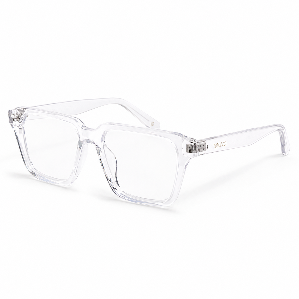 Vista lateral de los lentes DUBL Cristal con filtro de luz azul de Solivo — para pantallas y uso diario