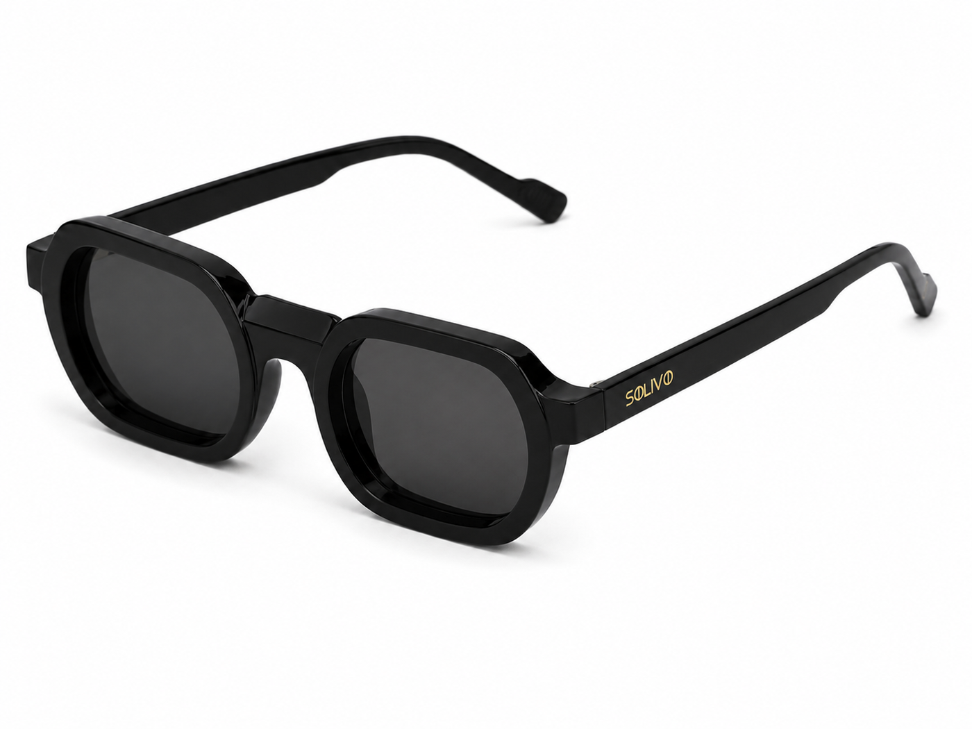Vista frontal de los lentes de sol ADORE Negro de Solivo — montura negra con filtro UV400