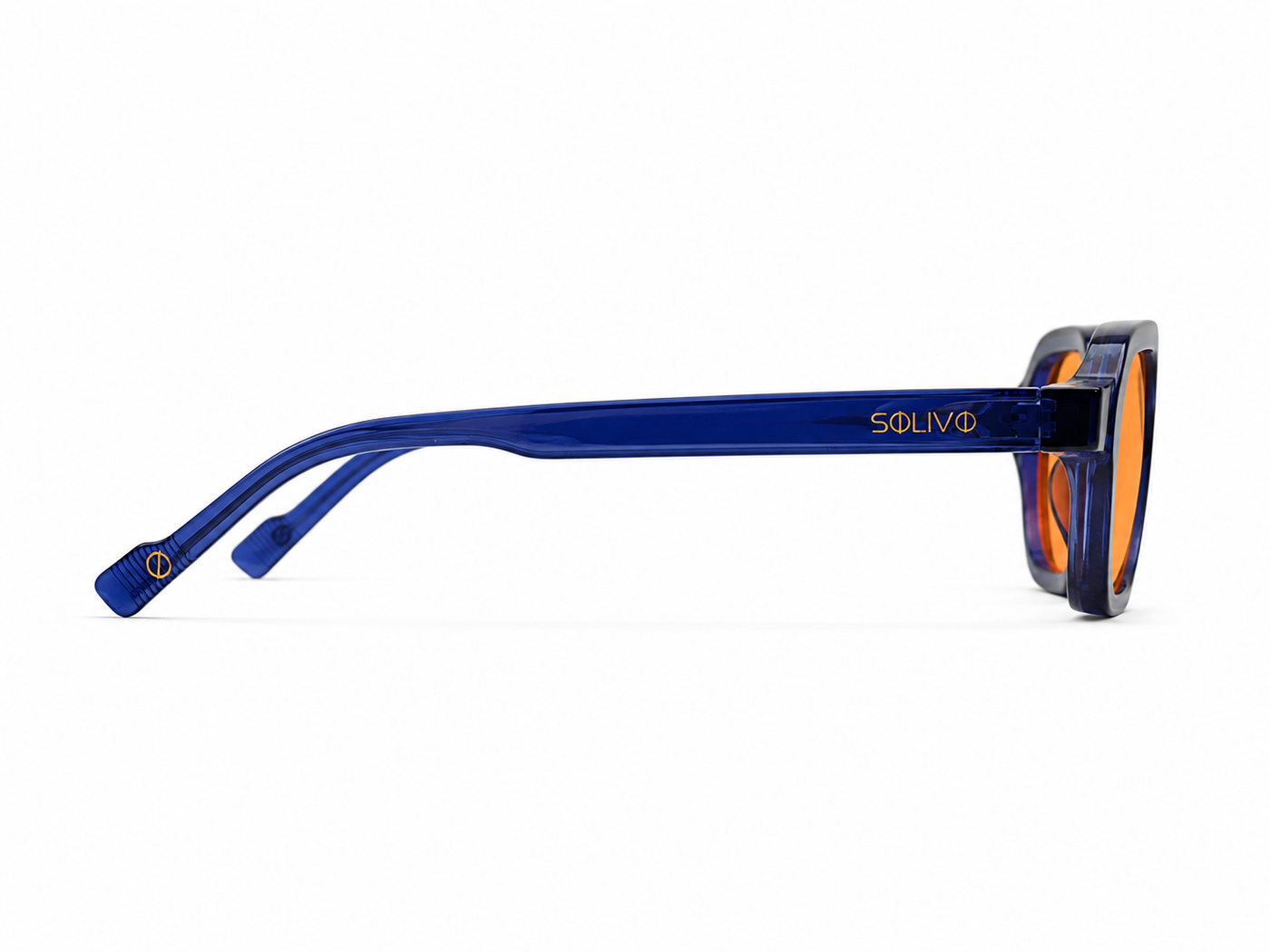 Vista lateral de los lentes de sol ADORE Azul Sunset de Solivo — varillas con protección UV400