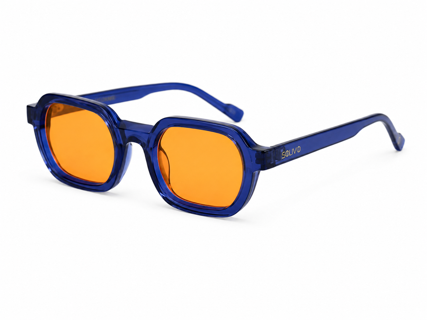 Vista frontal de los lentes de sol ADORE Azul Sunset de Solivo — montura con filtro UV400