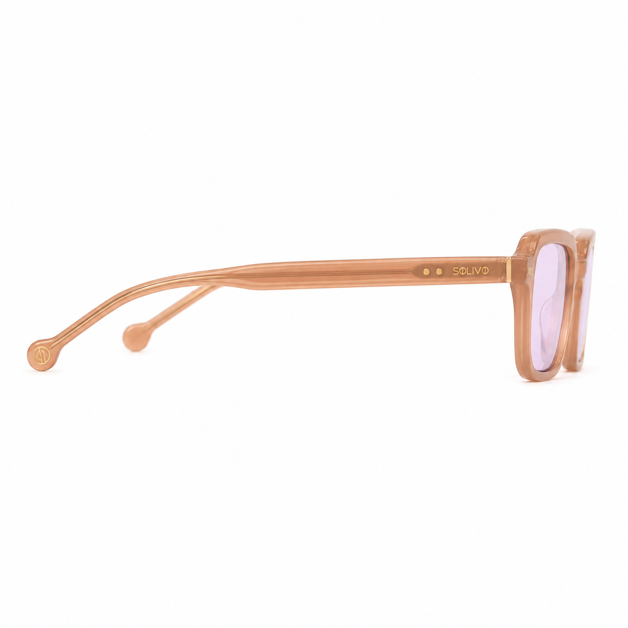 Vista lateral de los lentes de sol Kōra Beige Lila de Solivo — varillas de acetato con protección UV400