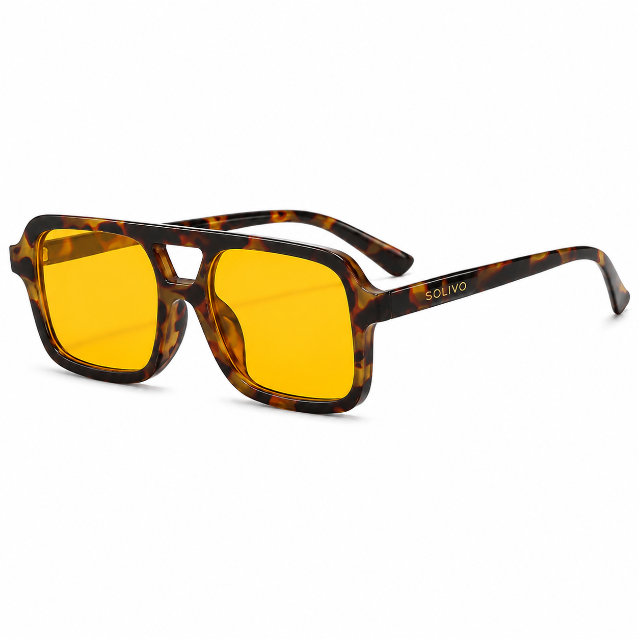 Vista frontal de los lentes de sol CY Carey Amarillo de Solivo — montura tortoise con filtro UV400