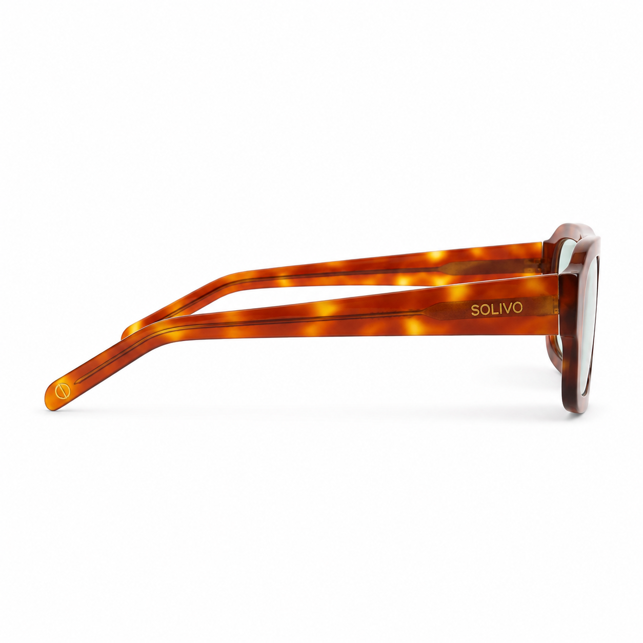 Vista lateral de los lentes de sol Élan Naranja de Solivo Eyewear — varillas estilizadas, protección UV400