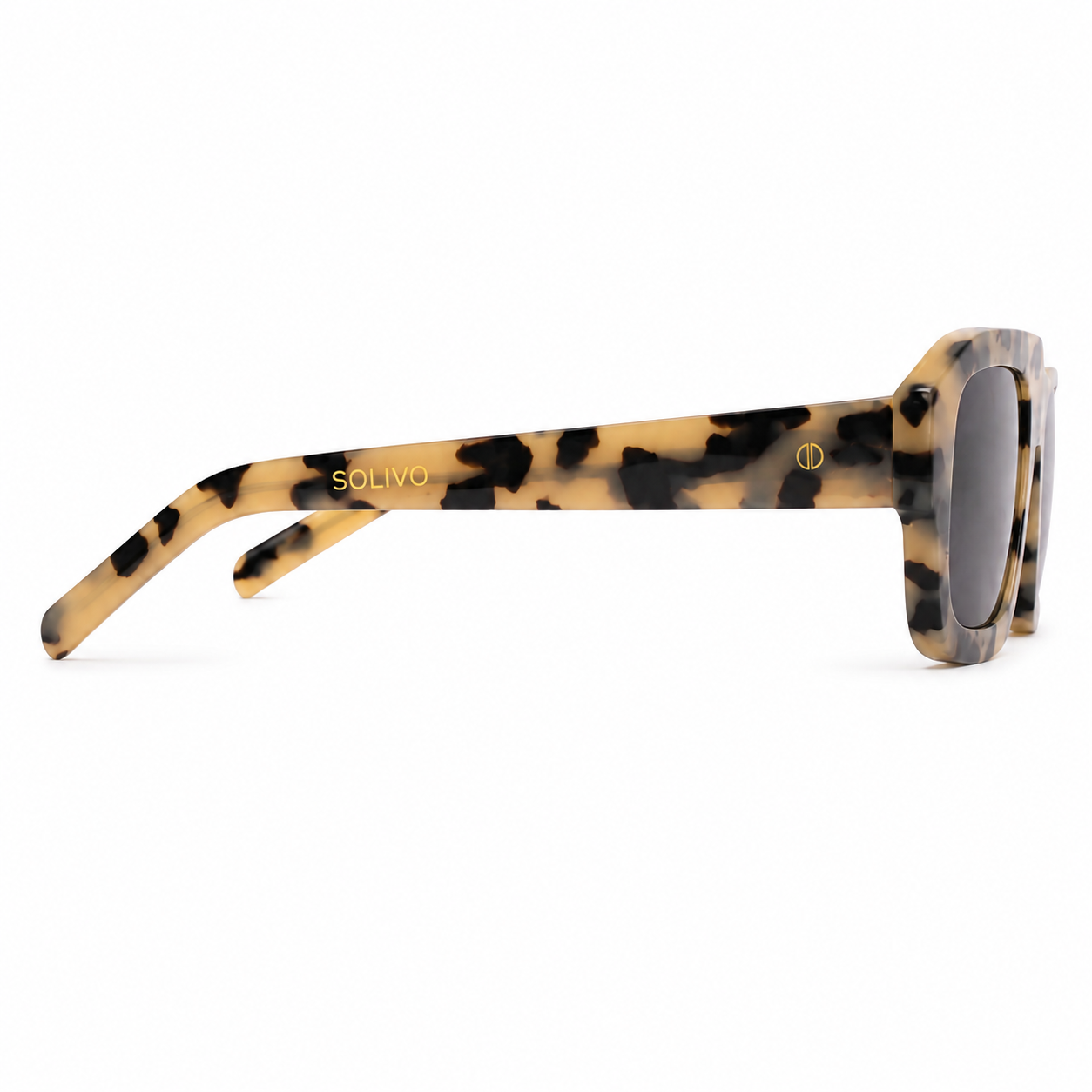 Vista lateral de los lentes de sol Élan Jirafa de Solivo Eyewear — varillas estilizadas, protección UV400