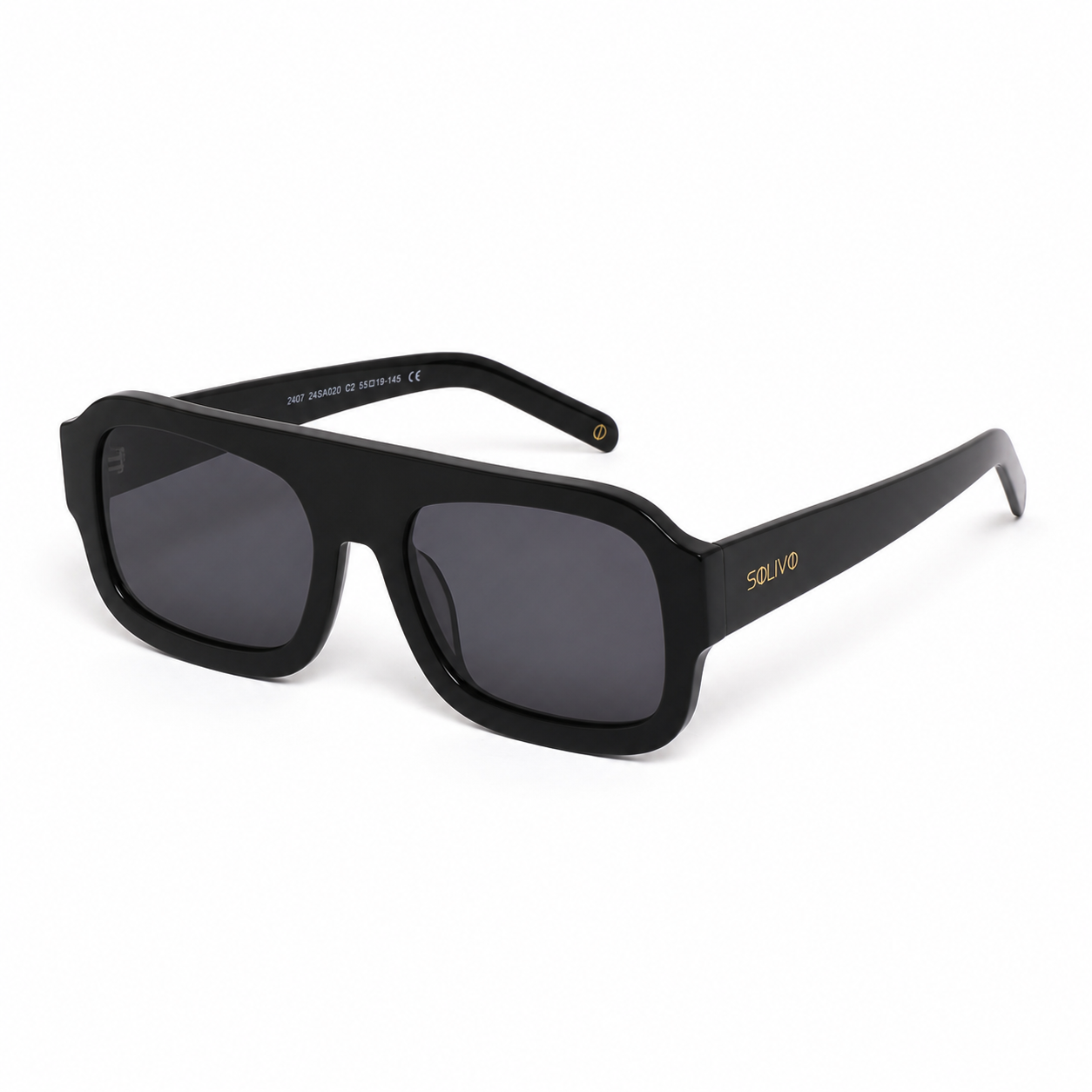 Vista frontal de los lentes de sol Élan Negro de Solivo — diseño elegante con filtro UV400