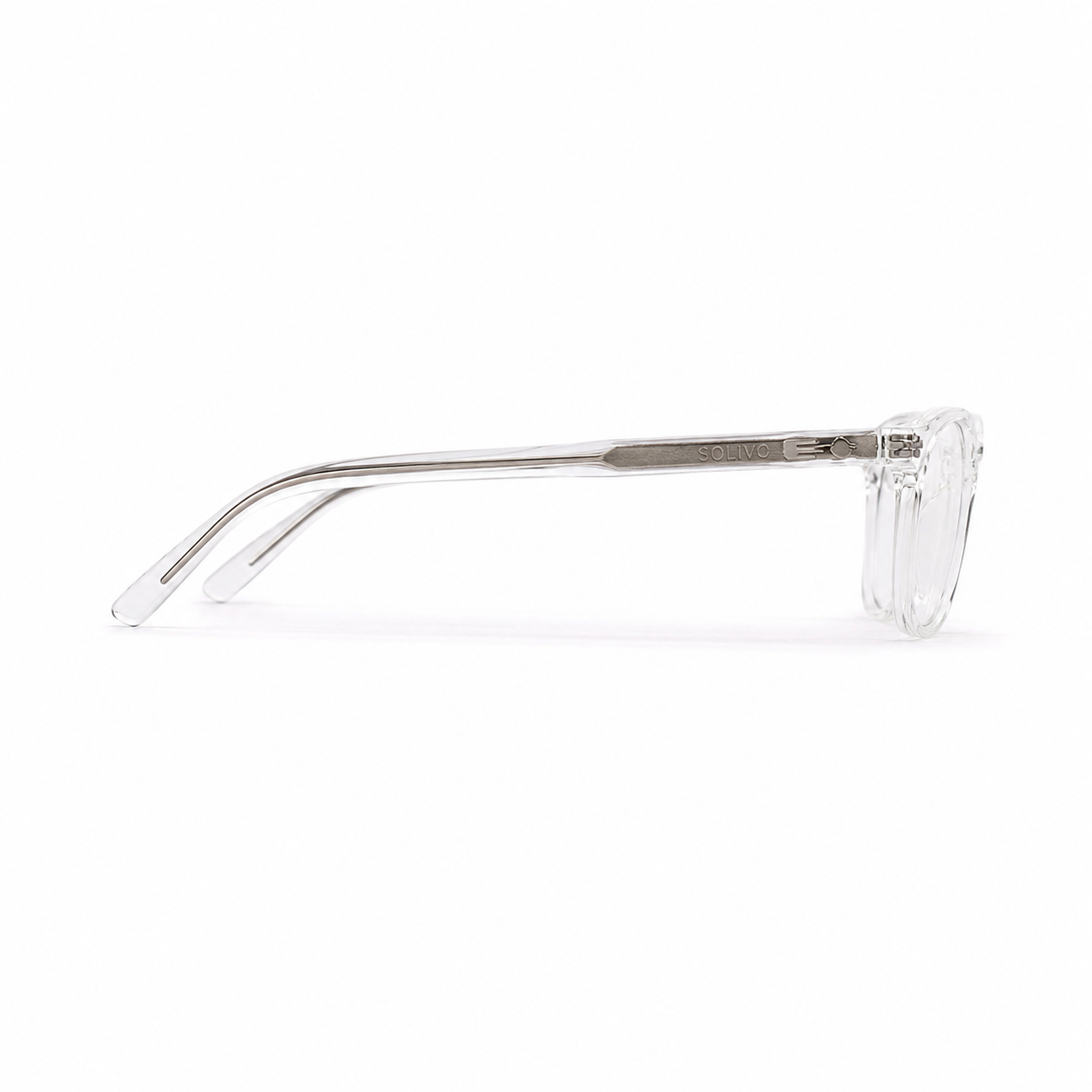 Vista lateral de los lentes VIEN Cristal con filtro de luz azul de Solivo — para oficina y pantallas