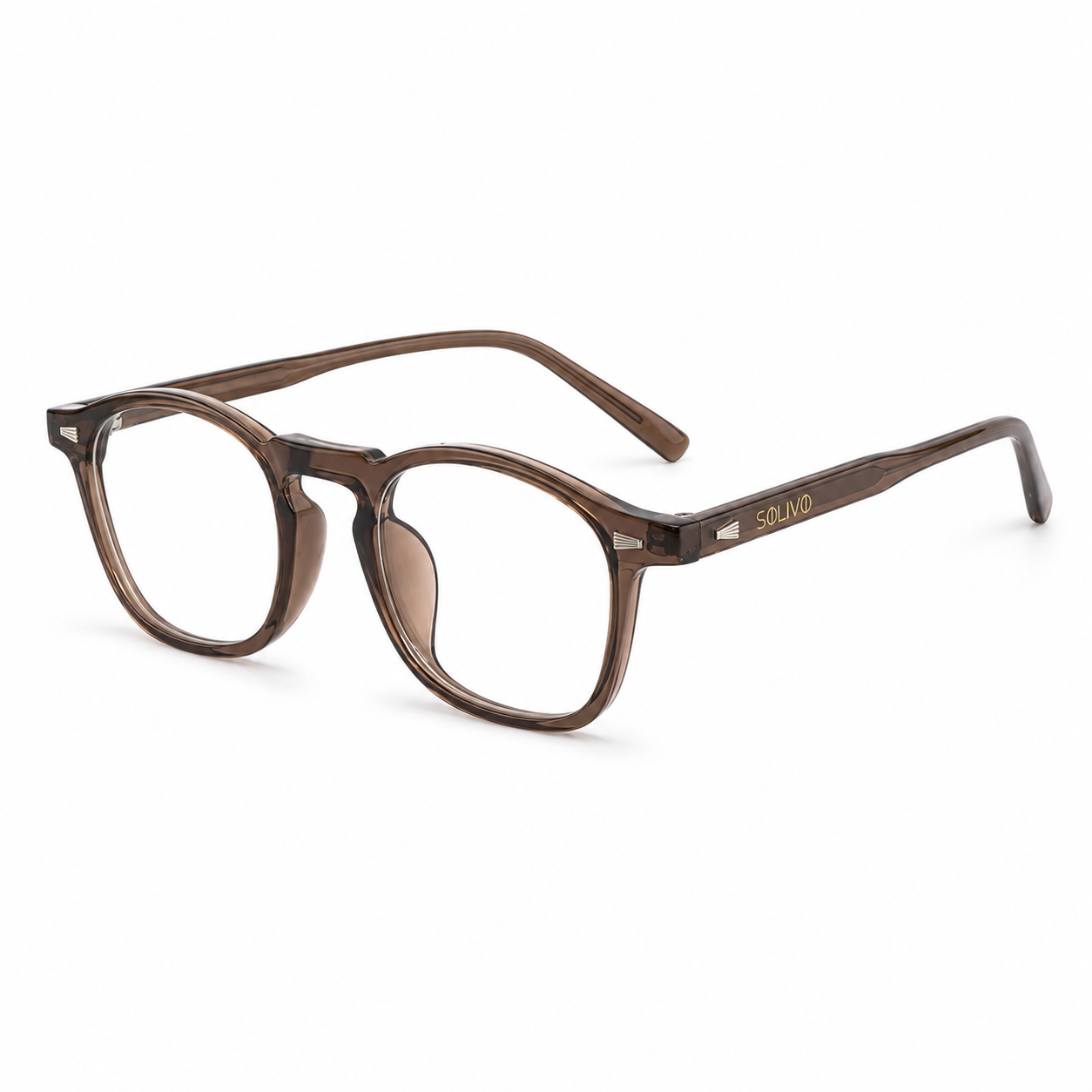 Vista frontal de los lentes VIEN Café con filtro de luz azul de Solivo — para pantallas y uso diario