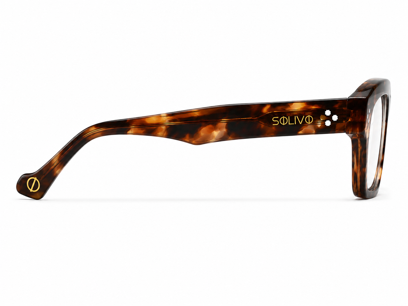 Vista lateral de los lentes ESTER Carey con filtro de luz azul de Solivo — para oficina y pantallas