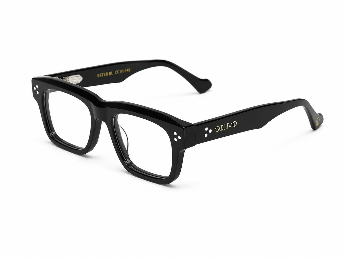 Vista frontal de los lentes ESTER Negro con filtro de luz azul de Solivo — para pantallas y uso diario
