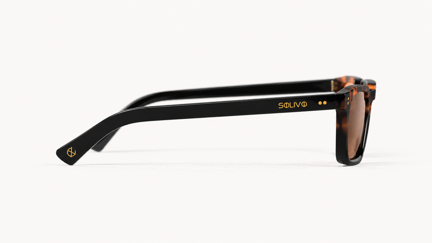 Vista lateral de los lentes de sol FERO Fuego Café de Solivo — varillas con protección UV400