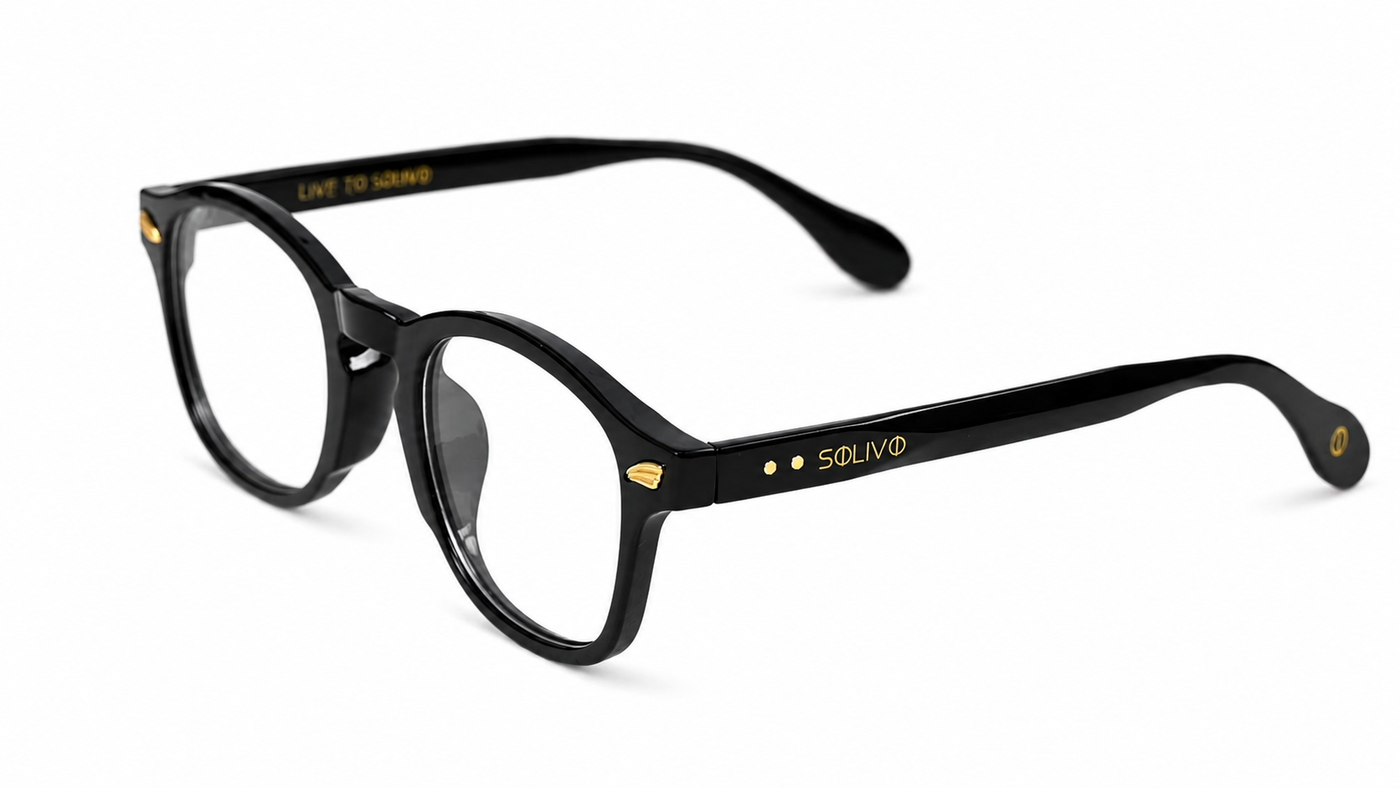 Vista frontal de los lentes LIAT Negro con filtro de luz azul de Solivo — para pantallas y uso diario