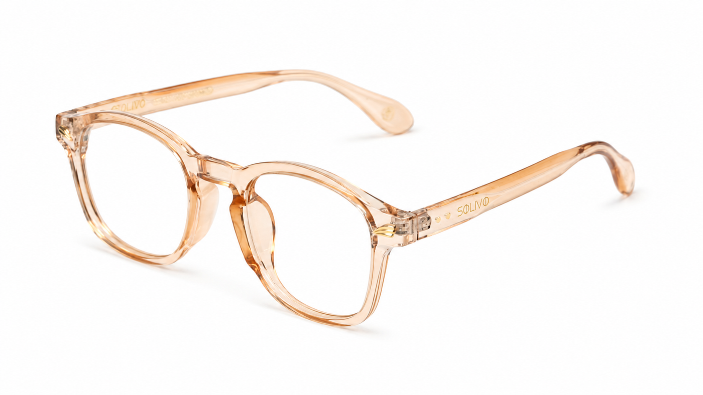 Vista frontal de los lentes LIAT Beige con filtro de luz azul de Solivo — para pantallas y uso diario