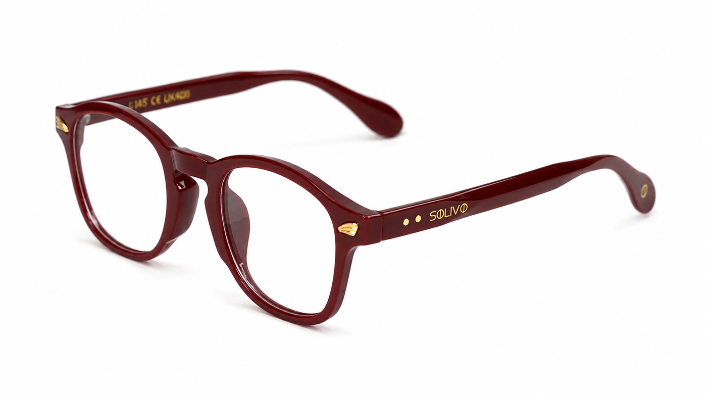 Vista frontal de los lentes LIAT Vino con filtro de luz azul de Solivo — para pantallas y uso diario