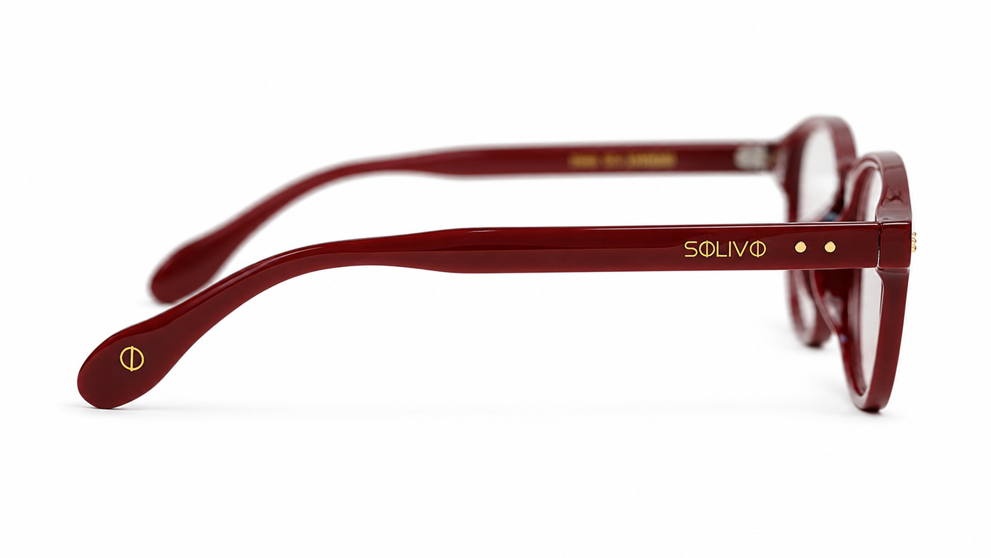 Vista lateral de los lentes LIAT Vino con filtro de luz azul de Solivo — para oficina y pantallas