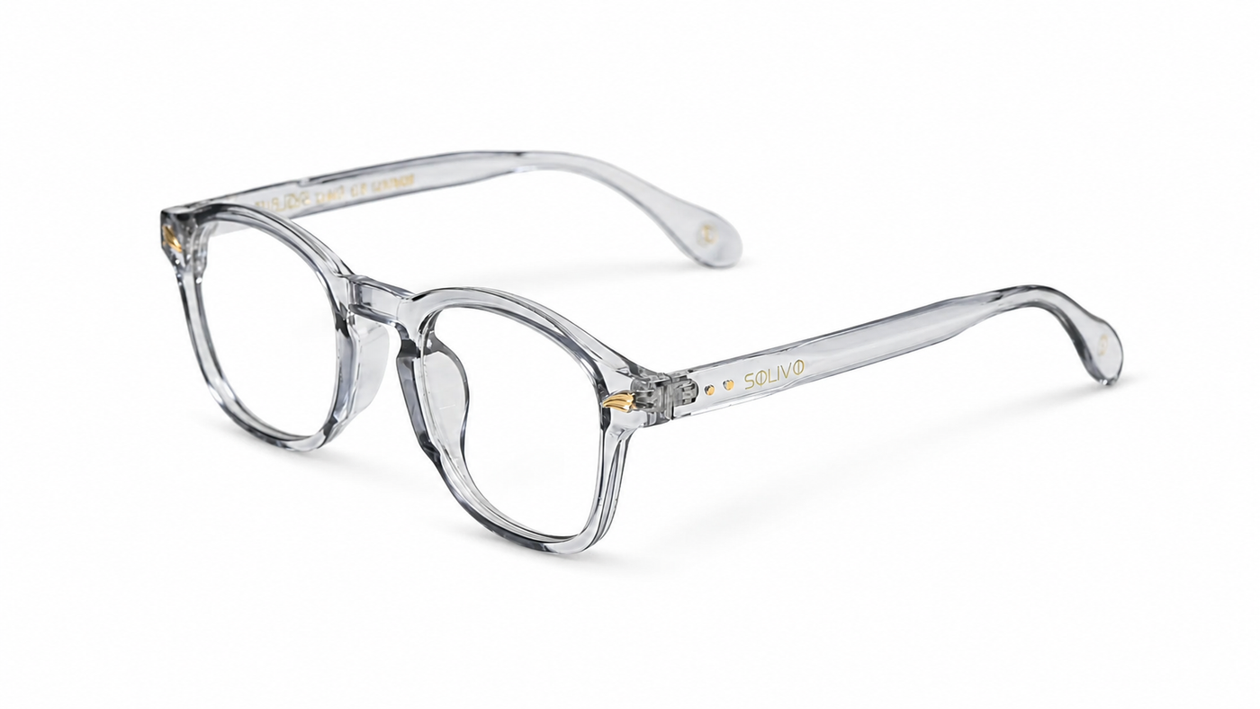 Vista frontal de los lentes LIAT Cristal con filtro de luz azul de Solivo — para pantallas y uso diario