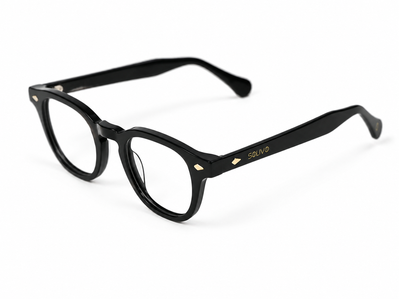 Vista frontal de los lentes Mateo Negro con filtro de luz azul de Solivo — para pantallas y uso diario