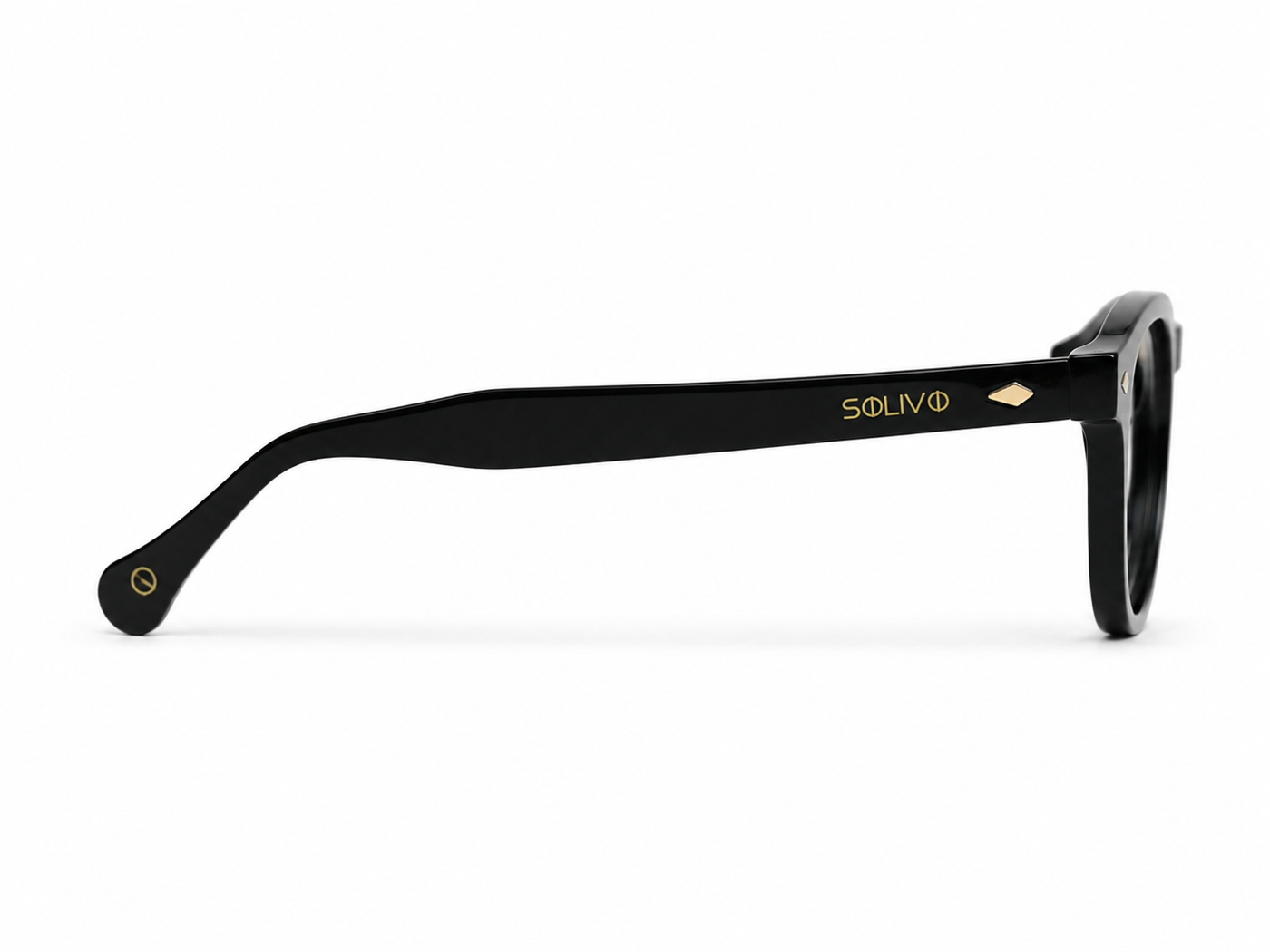 Vista lateral de los lentes Mateo Negro con filtro de luz azul de Solivo — para oficina y pantallas