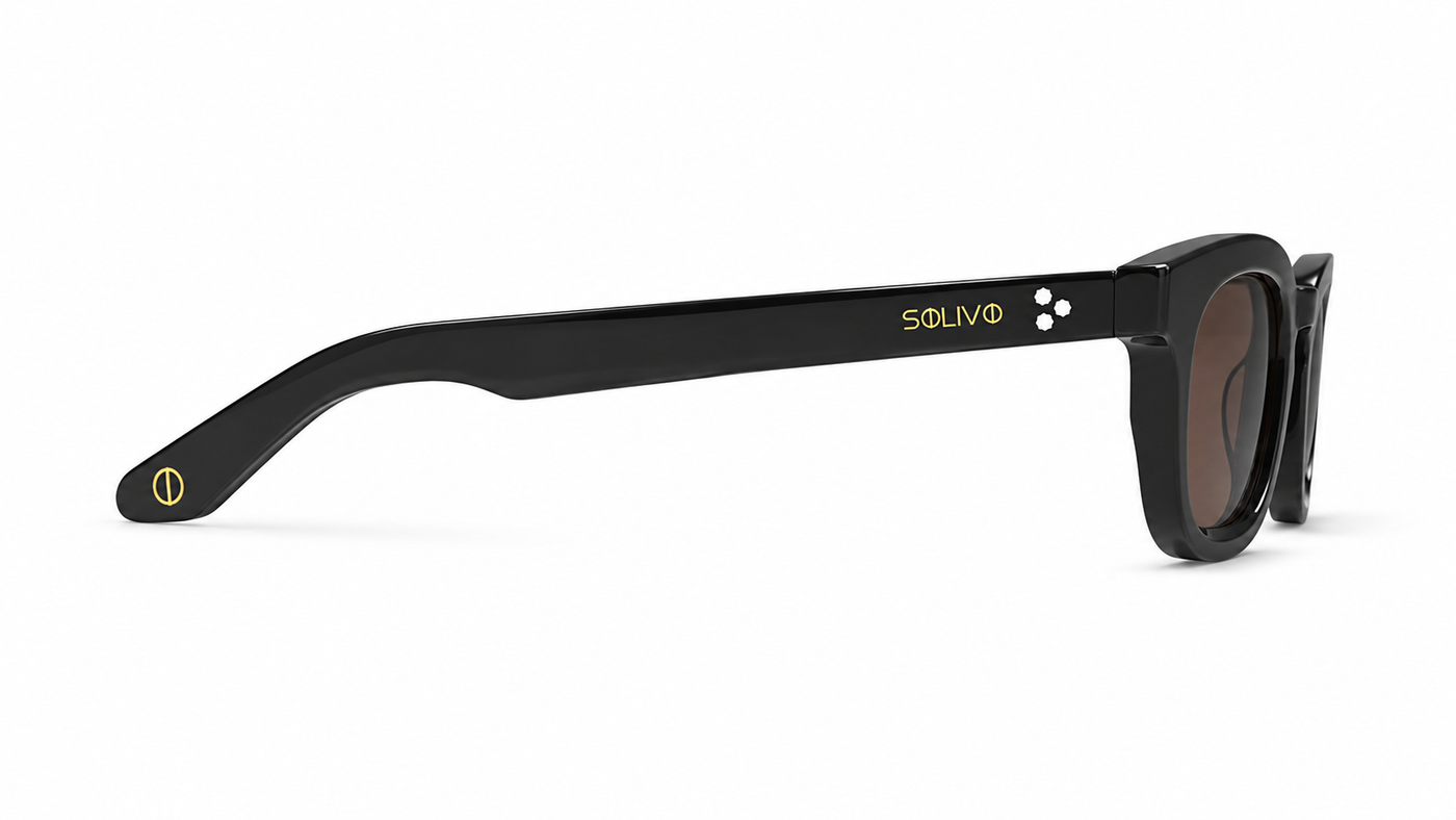 Vista lateral de los lentes de sol MAZE Negro Café de Solivo — varillas con protección UV400
