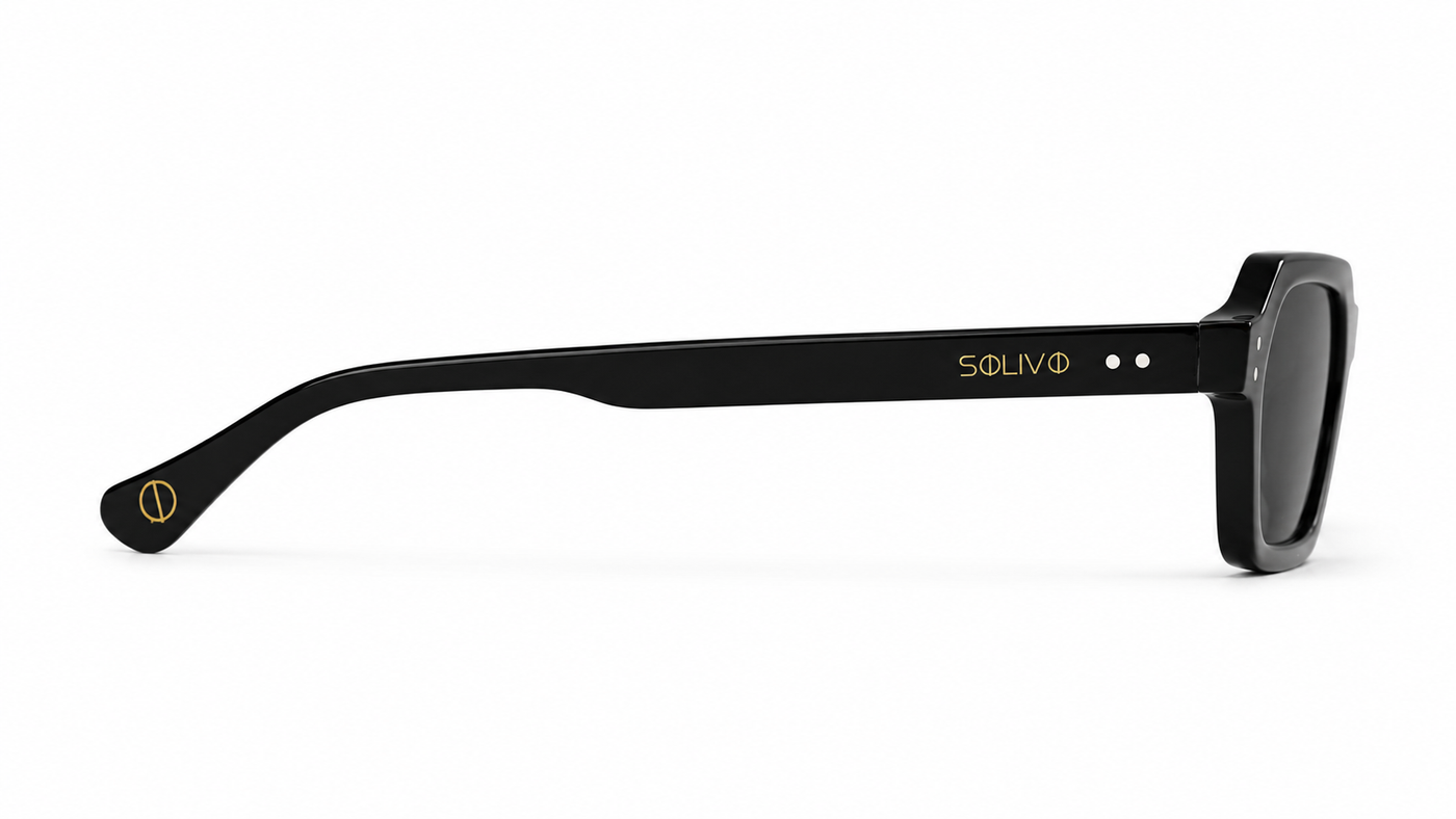 Vista lateral de los lentes de sol RAMOS Negro de Solivo — varillas con protección UV400
