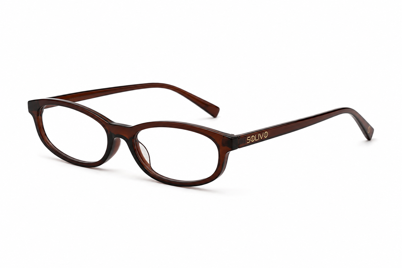 Vista frontal de los lentes SOFI Café con filtro de luz azul de Solivo — para pantallas y uso diario