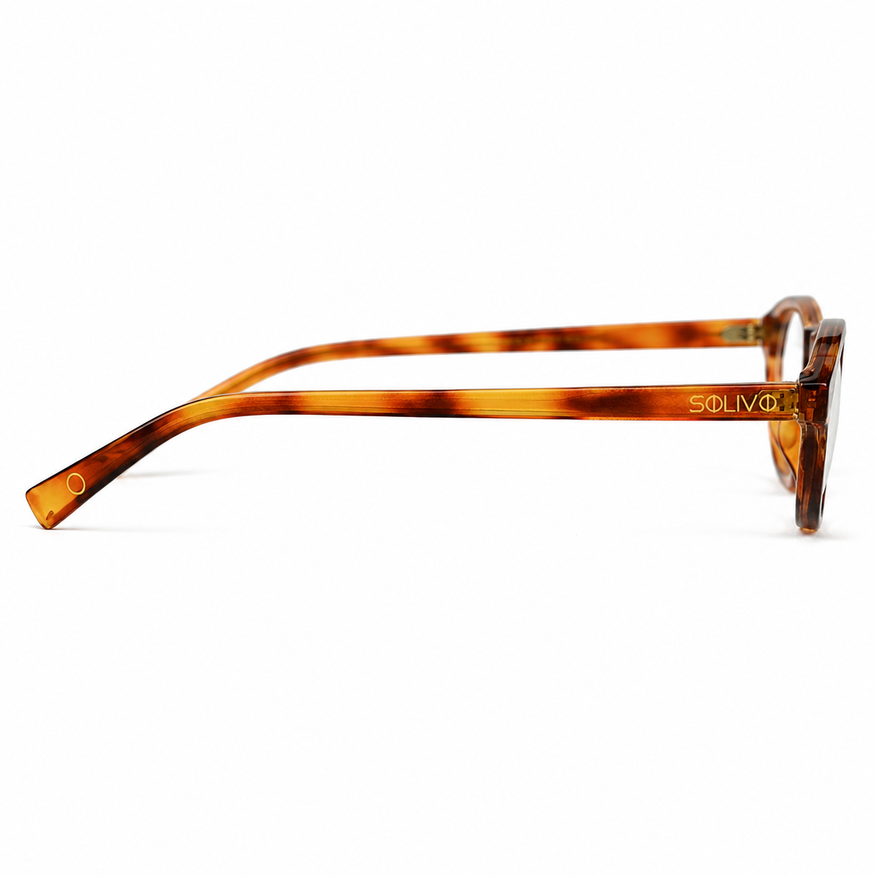 Vista lateral de los lentes SOFI Carey con filtro de luz azul de Solivo — montura tortoise para oficina