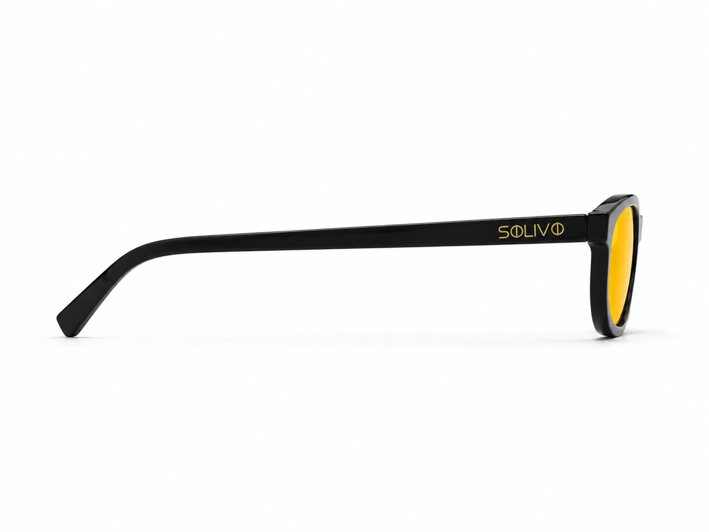 Vista lateral de los lentes de sol SOFI Negro Amarillo de Solivo — varillas con protección UV400