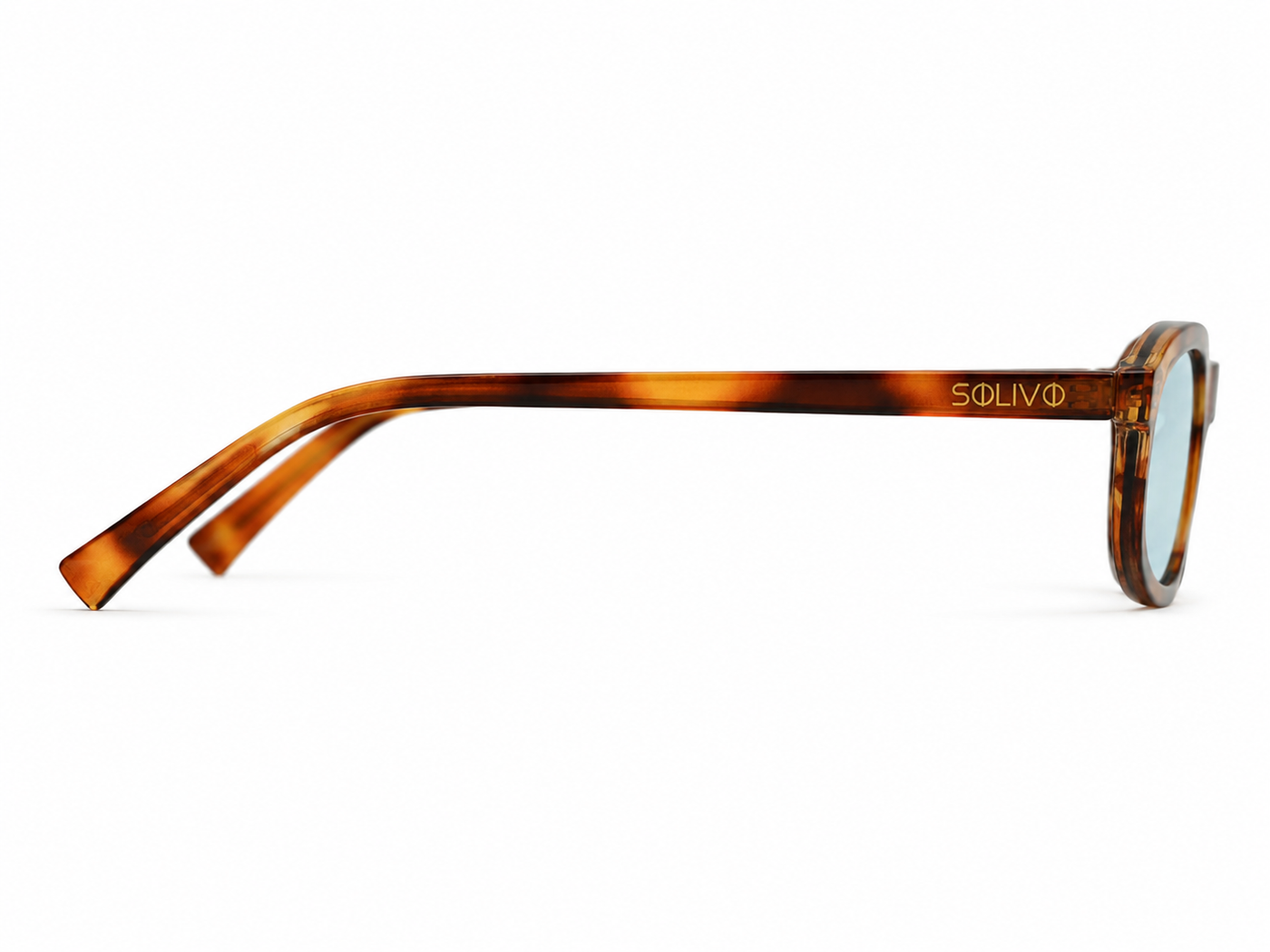 Vista lateral de los lentes de sol SOFI Carey Azul de Solivo — varillas con protección UV400