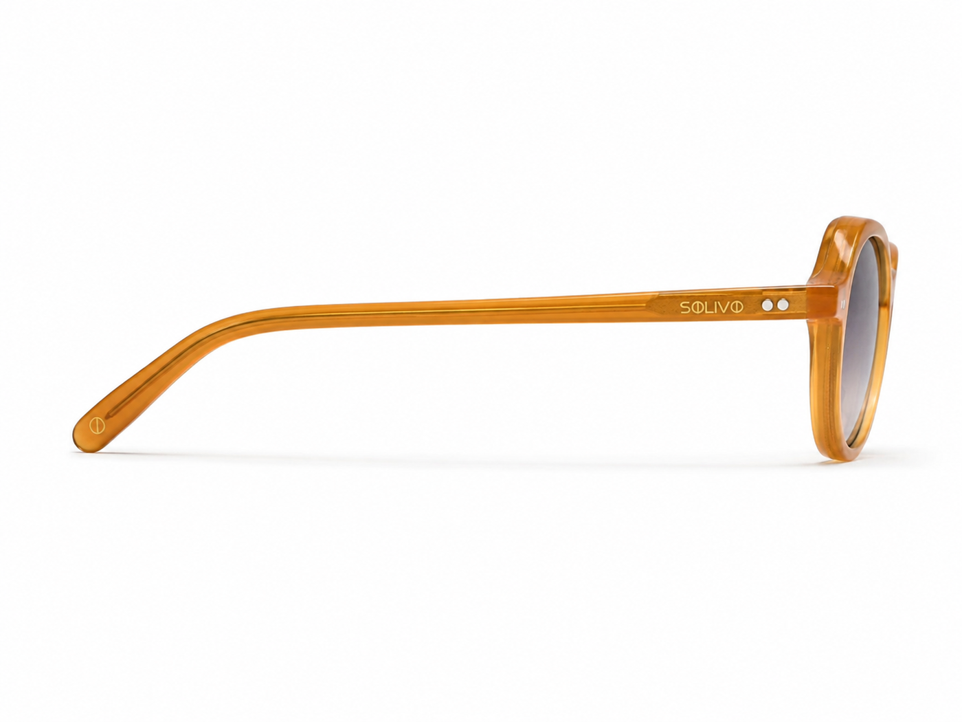 Vista lateral de los lentes de sol YUNA Naranja Lila de Solivo — varillas de acetato con protección UV400