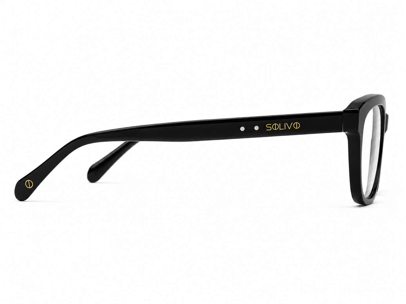 Vista lateral de los lentes ZARA Negro con filtro de luz azul de Solivo — para oficina y pantallas