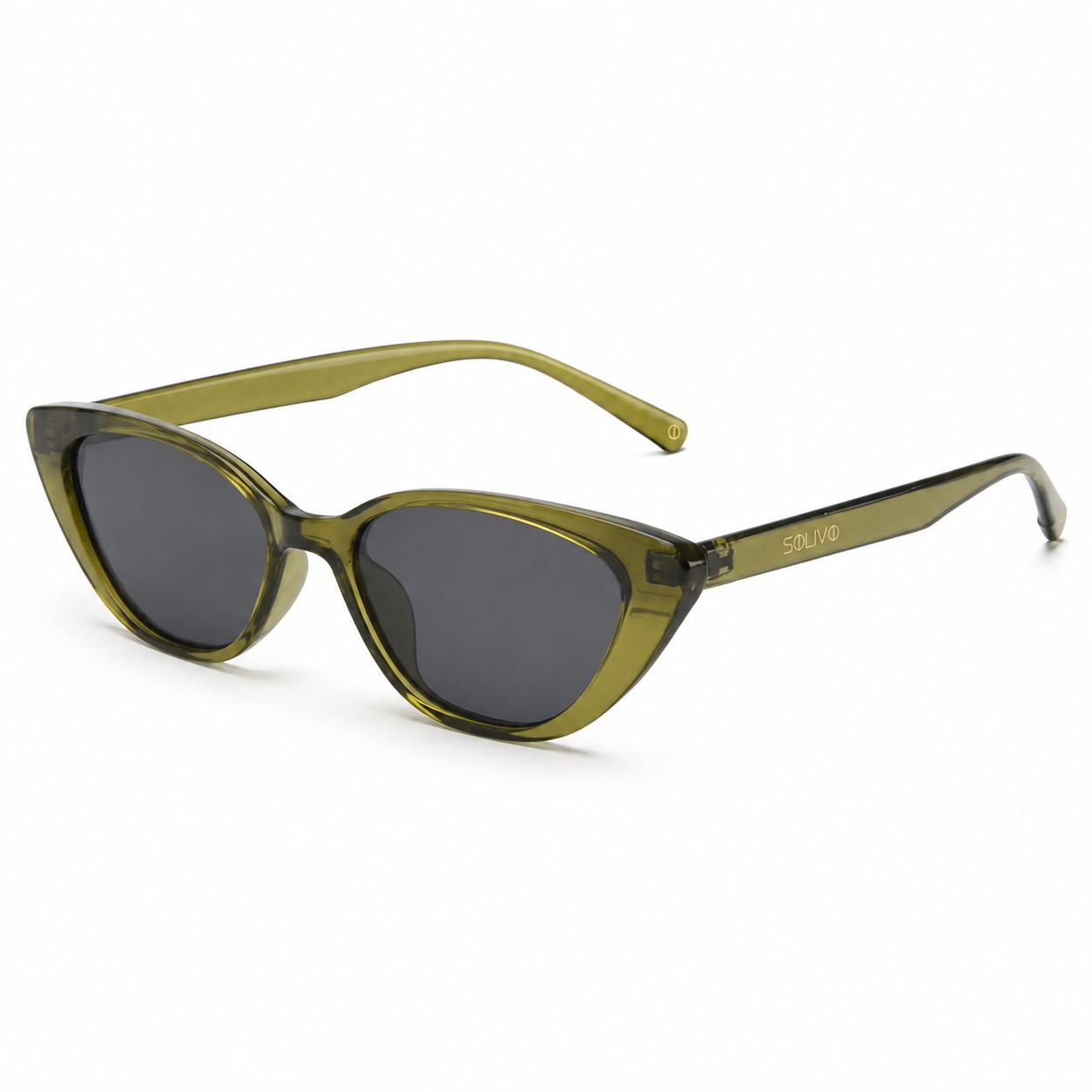 Vista frontal de los lentes de sol LIA Olivo Negro de Solivo — diseño cat-eye con filtro UV400
