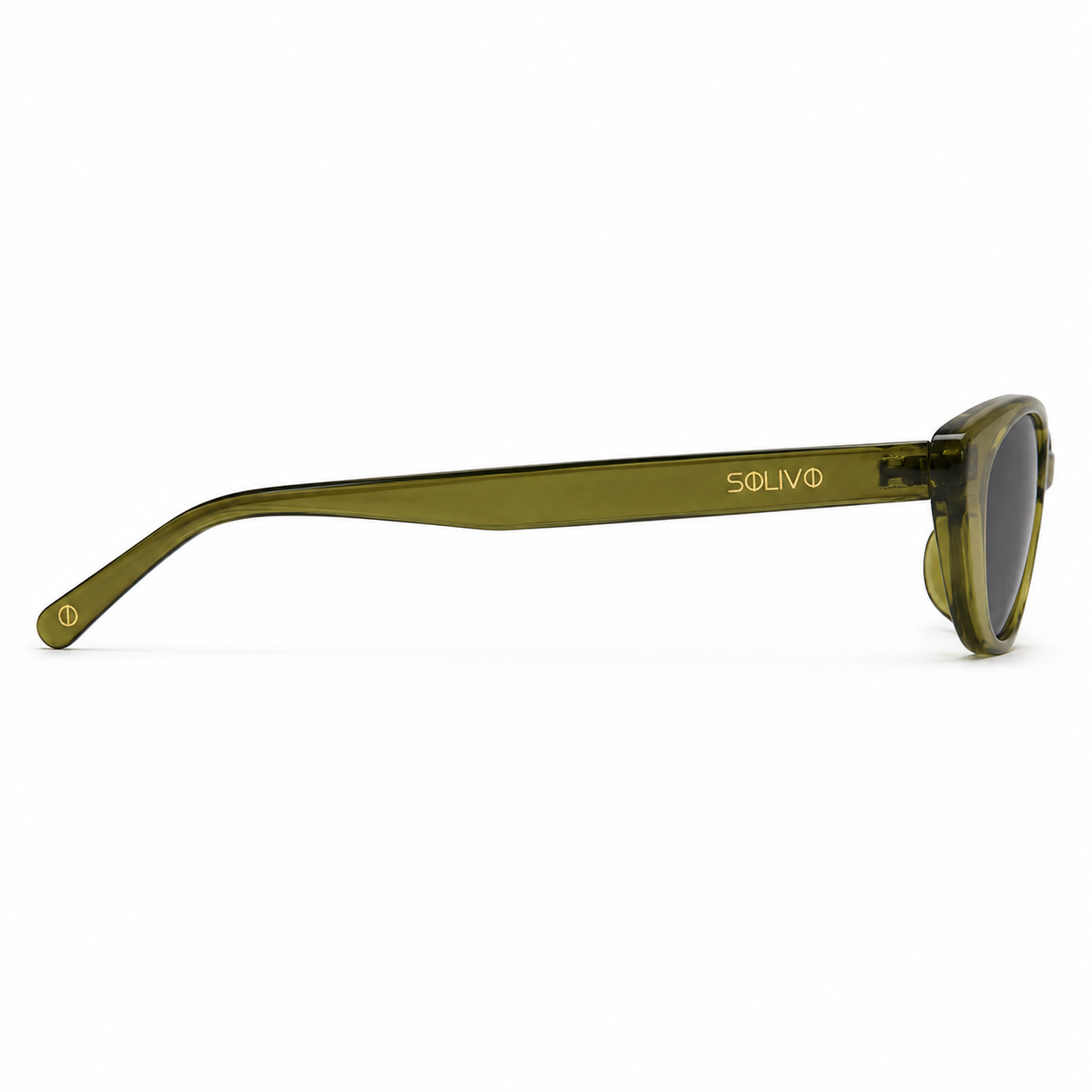 Vista lateral de los lentes de sol LIA Olivo Negro de Solivo — varillas con protección UV400